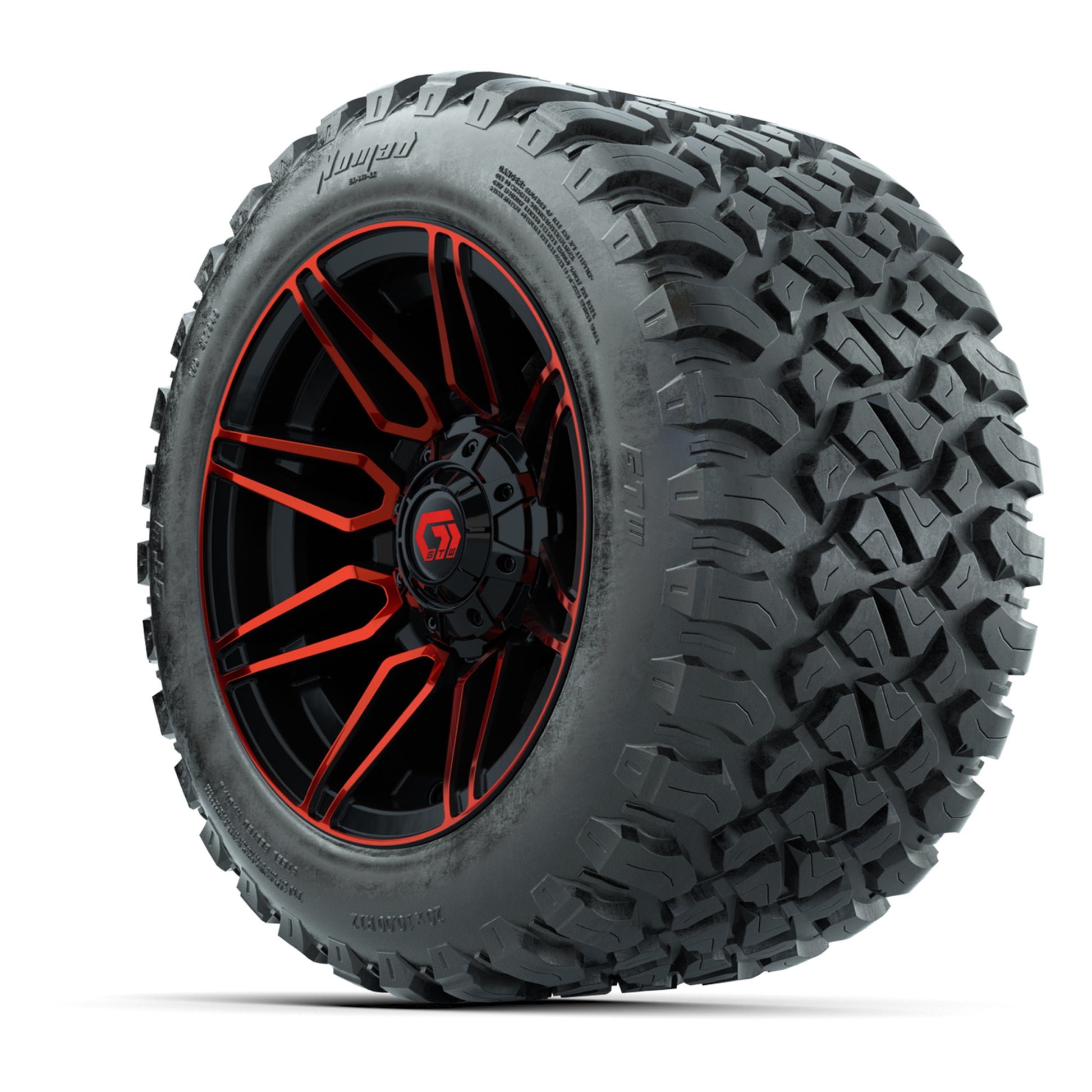 GTW® Stealth Red/Machined 12 in Wheels with 20X10-12 Nomad Steel Belt Radial All-Terrain Tires – Full Set