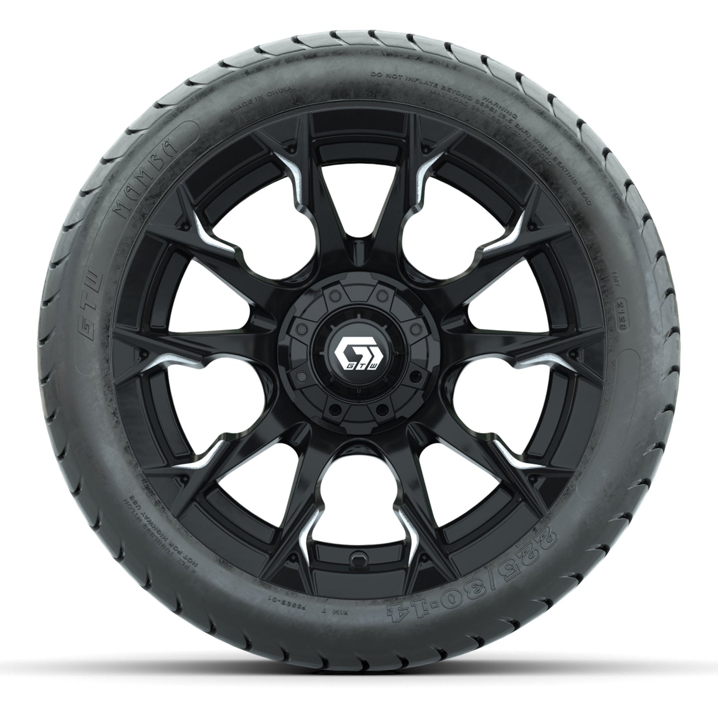 GTW Diablo Gloss Black/Machined 14 in Wheels with 225/30-14 Mamba Street Tires – Full Set