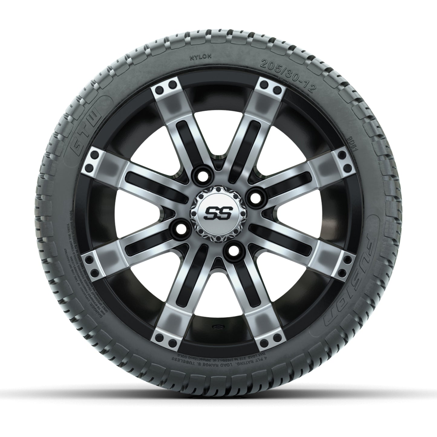 GTW Tempest Black and Machined 12 in Wheels with 18in Fusion Street Tires – Set of 4