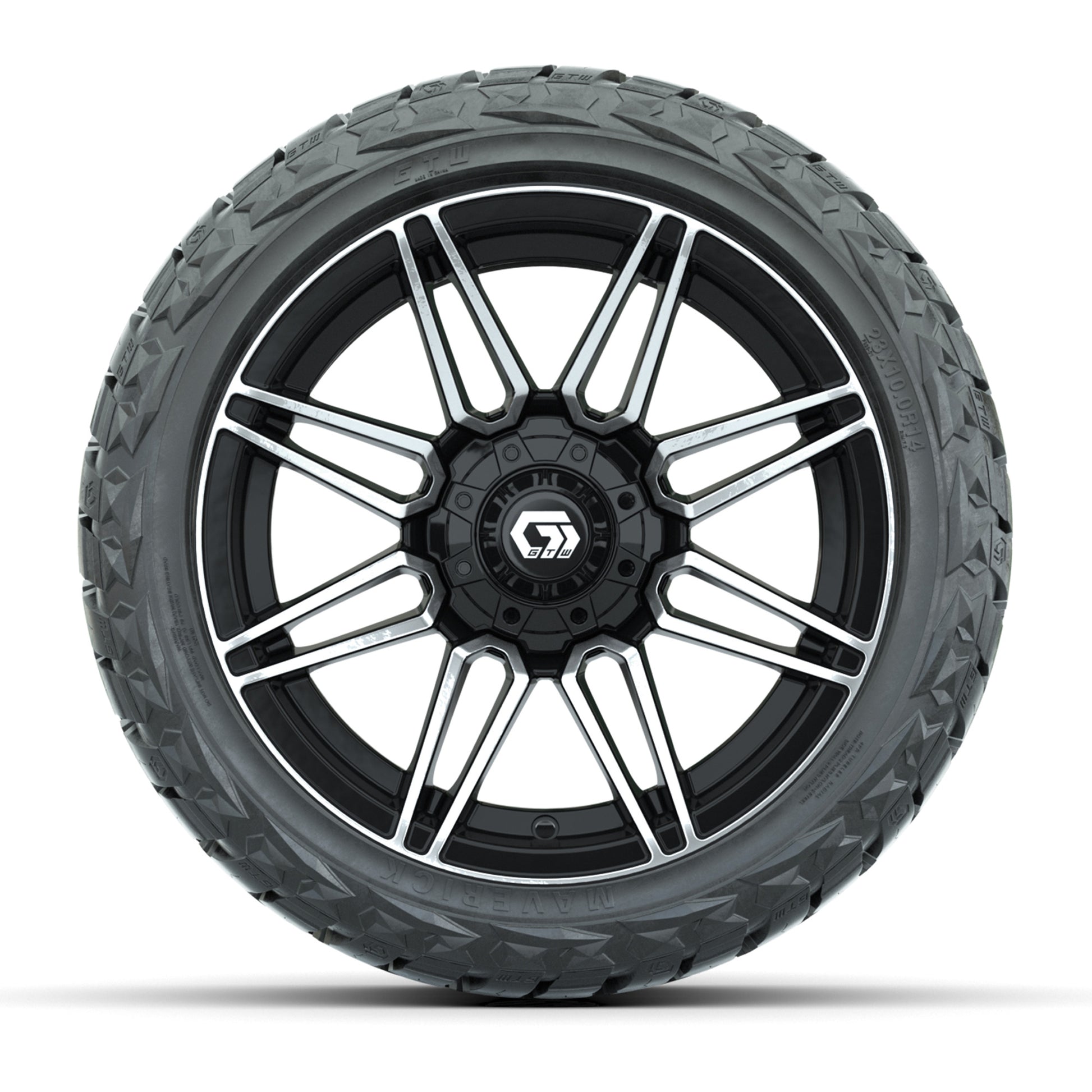 GTW Stealth Gloss Black/Machined 14 in Wheels with 23x10.00-R14 Maverick All-Terrain Tires – Full Set