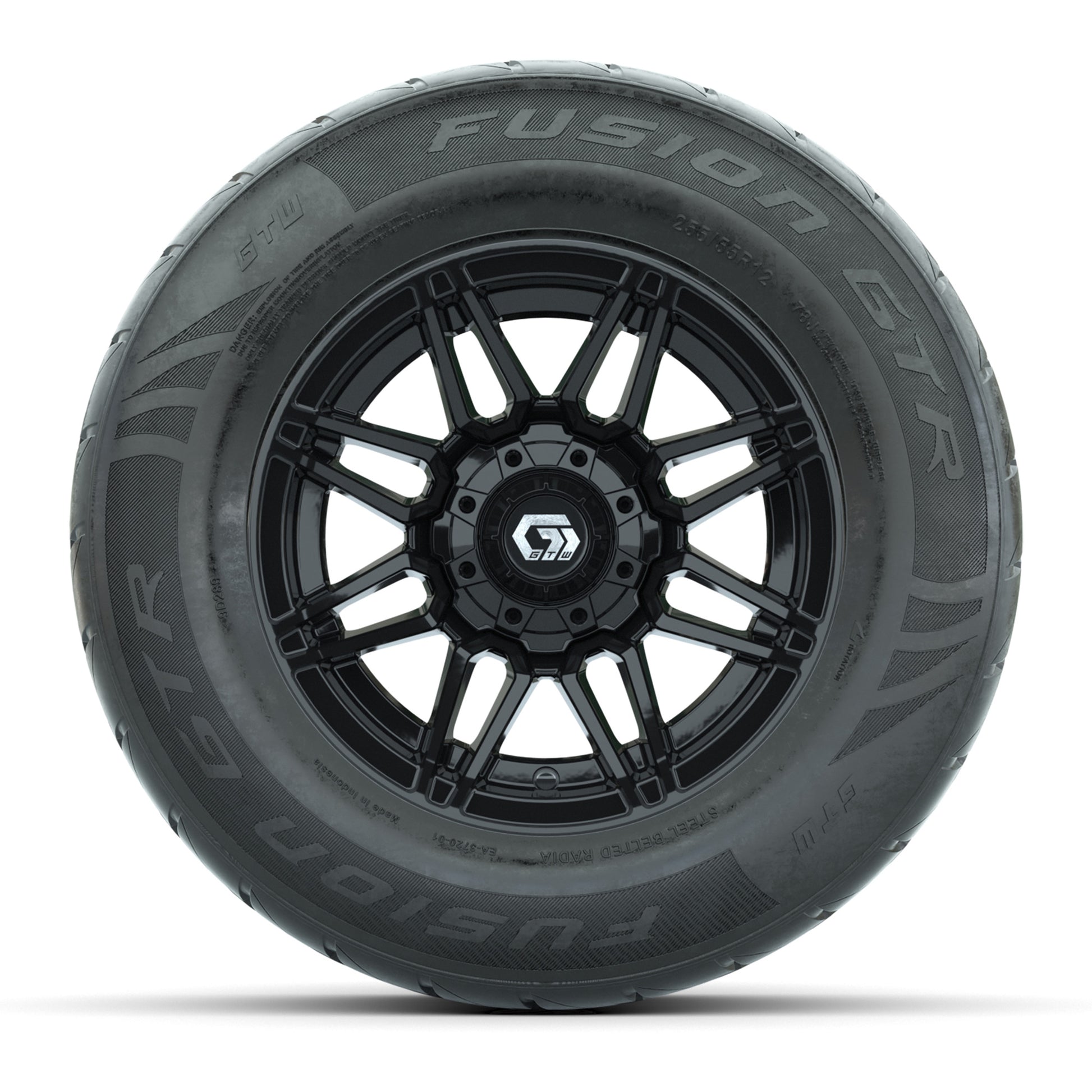 GTW® Stealth Black/Machined 12 in Wheels with 255/55-R12 Fusion GTR Steel Belt Radial Street Tires – Full Set