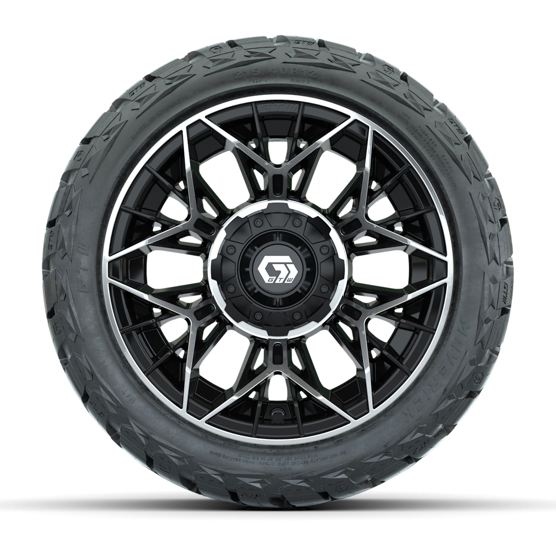 GTW Stellar Black/Machined 12 in Wheels with 215/40-R12 Maverick Low-Profile All-Terrain Tires – Full Set