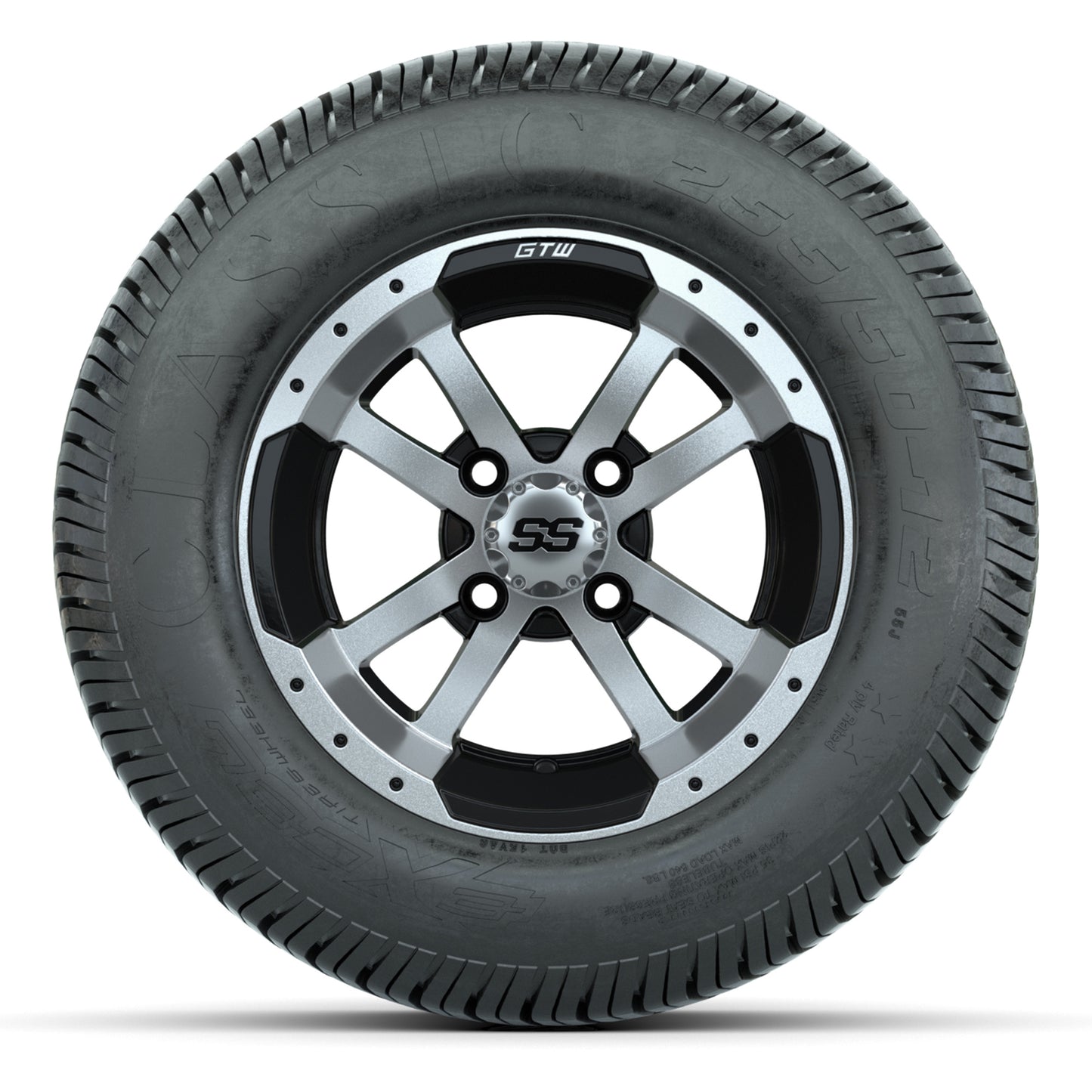 GTW® Storm Trooper Black/Machined 12 in Wheels with 255/50-12 Excel Classic Street Tires – Full Set