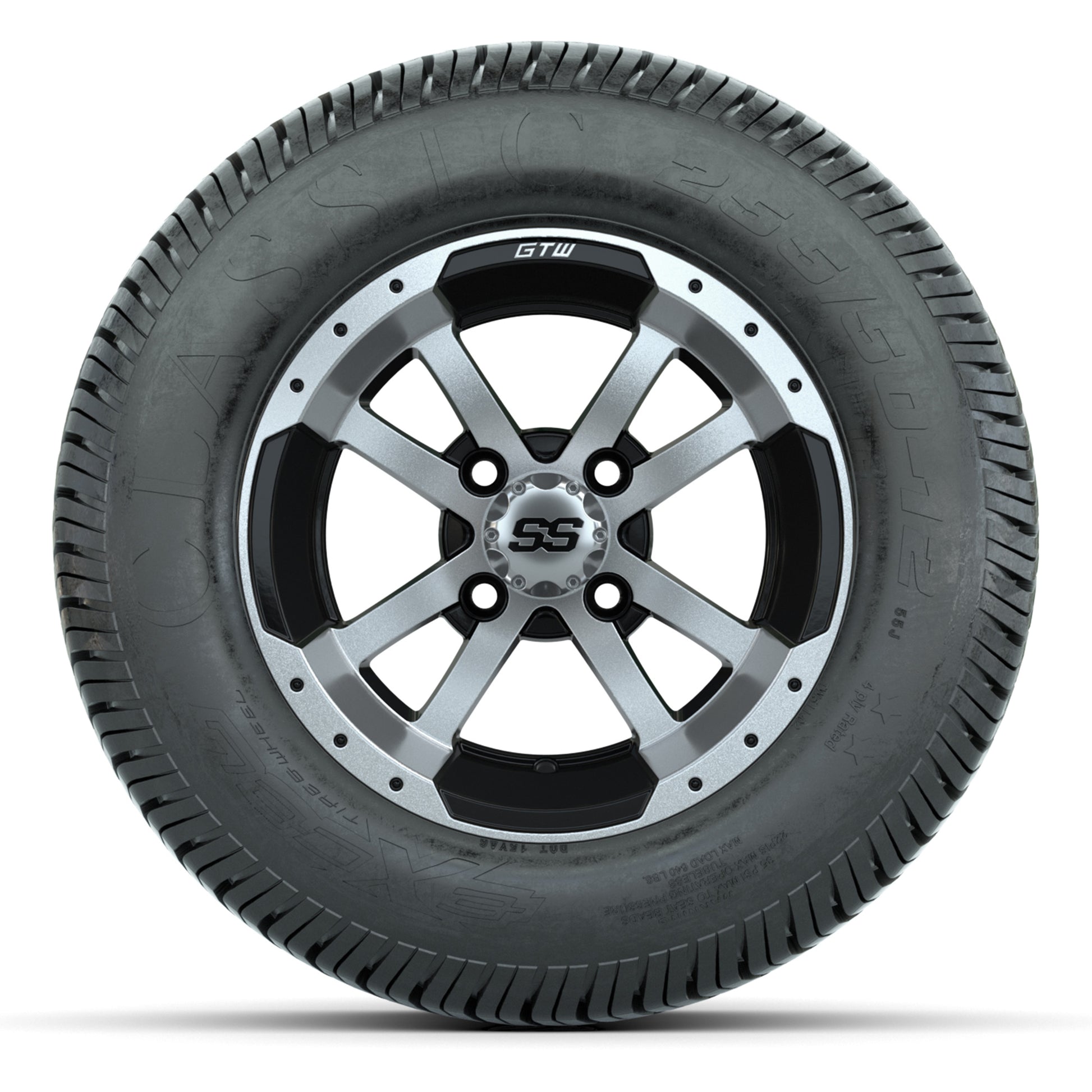 GTW® Storm Trooper Black/Machined 12 in Wheels with 255/50-12 Excel Classic Street Tires – Full Set