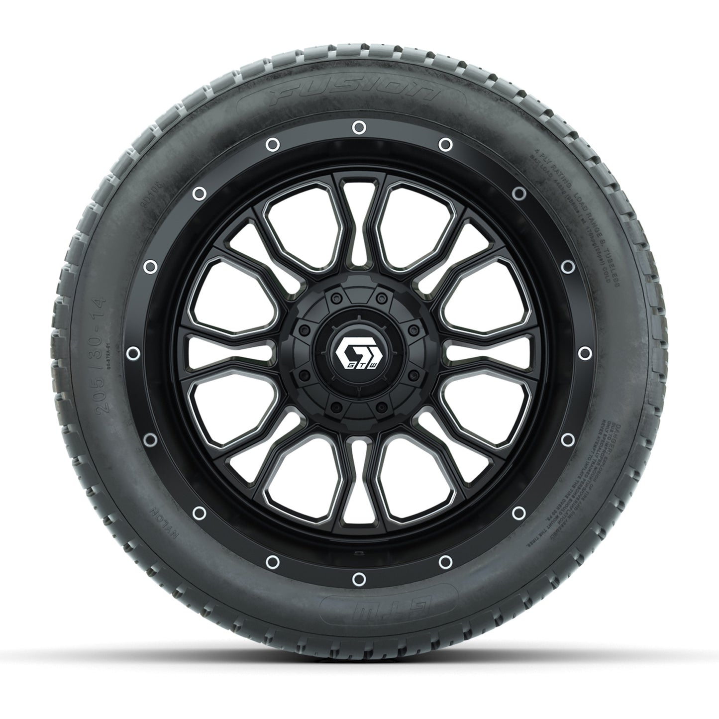 GTW® Volt Black/Machined 14 in Wheels with 205/30-R14 Fusion Street Tires – Full Set