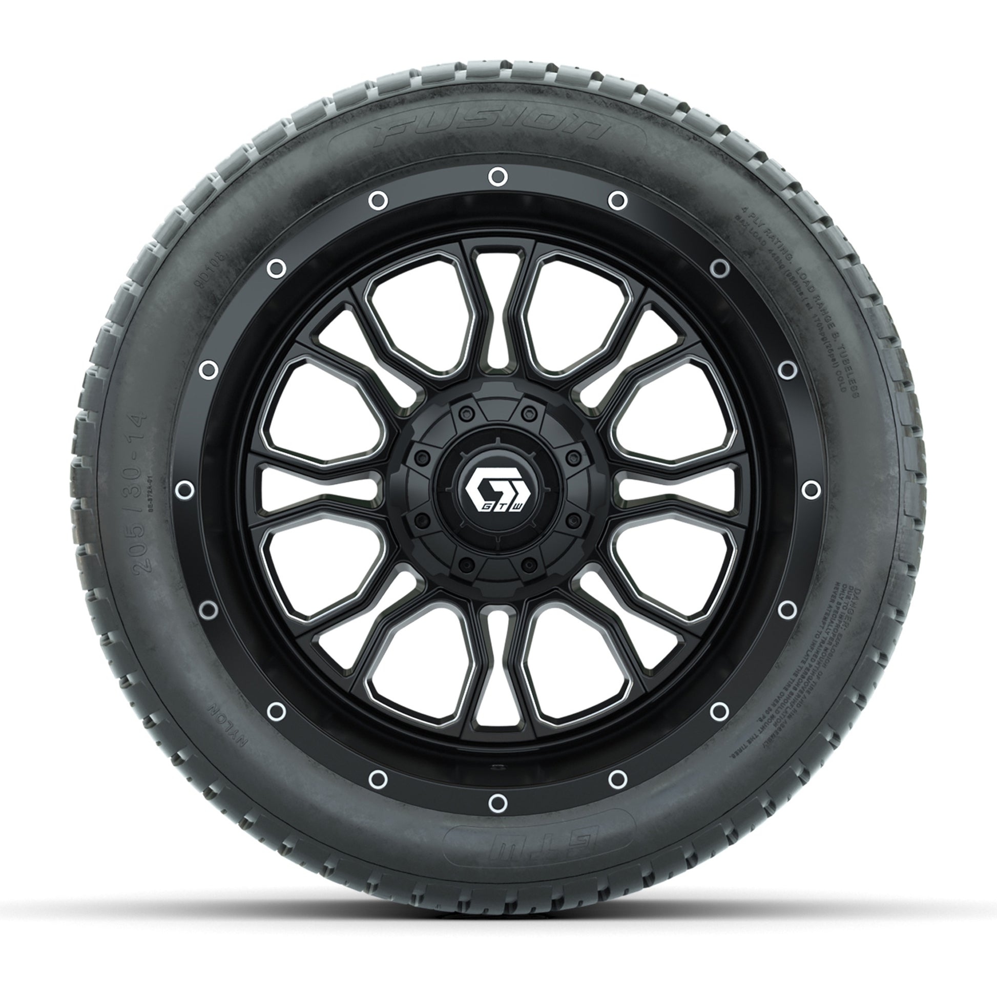 GTW® Volt Black/Machined 14 in Wheels with 205/30-R14 Fusion Street Tires – Full Set
