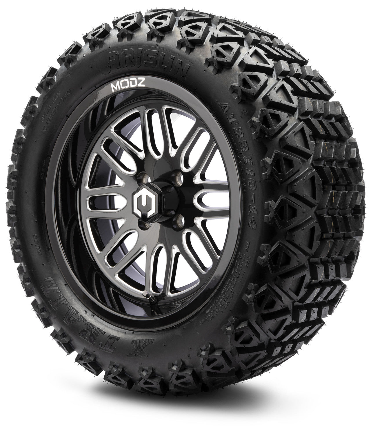 MODZ® 14" Mayhem Glossy Black with Ball Mill Wheels & Off-Road Tires Combo