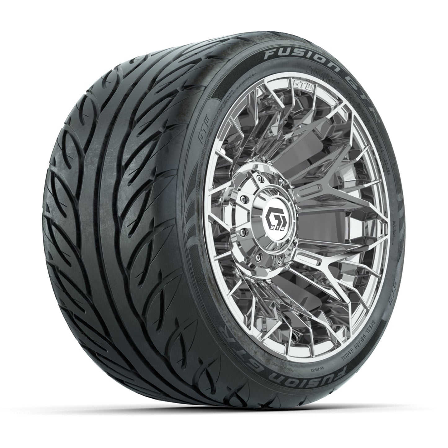 GTW® Stellar Chrome 12 in Wheels with 215/40-R12 Fusion GTR Steel Belt Radial Street Tires – Full Set