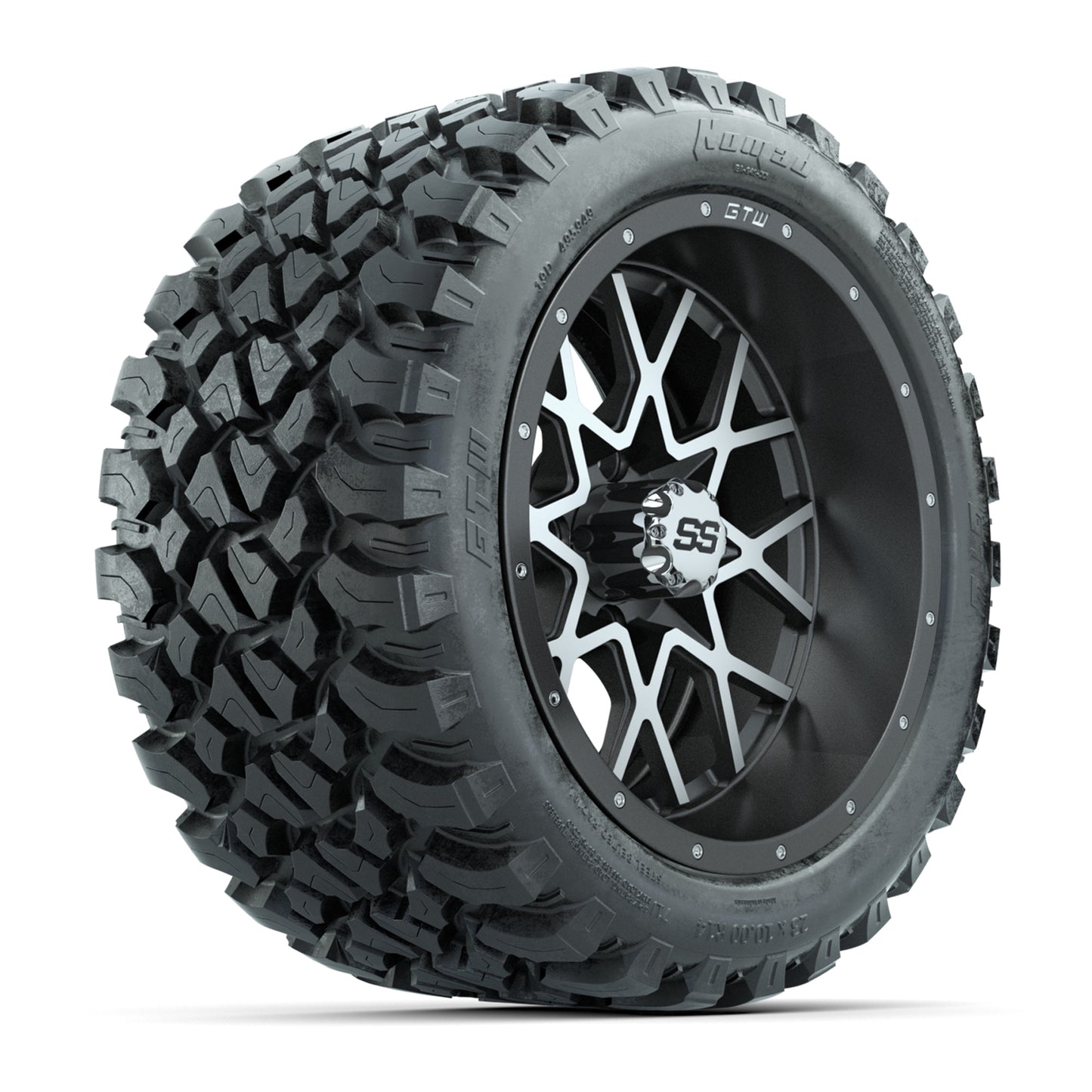 GTW® Vortex 2 Matte Gray//Machined 14 in Wheels with 23X10-R14 Nomad Steel Belt Radial All-Terrain Tires – Full Set