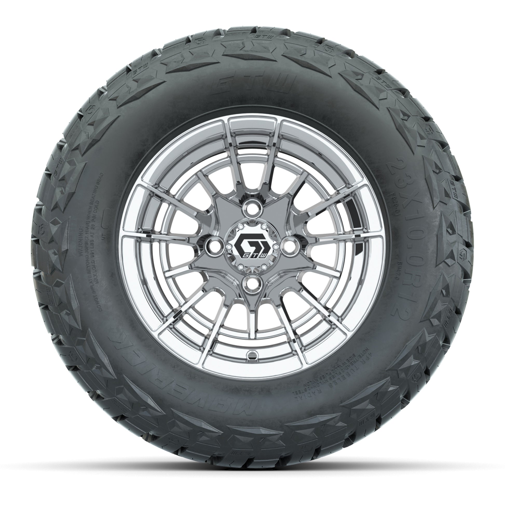 GTW Boost Chrome 12 in Wheels with 23x10.00-R12 Maverick All-Terrain Tires – Full Set