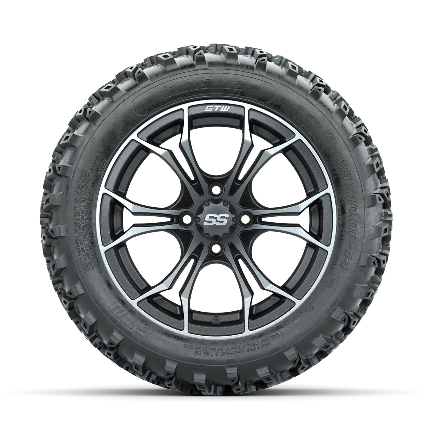 GTW Spyder Machined/Grey 14 in Wheels with 23x10.00-14 Rogue All Terrain Tires - Full Set