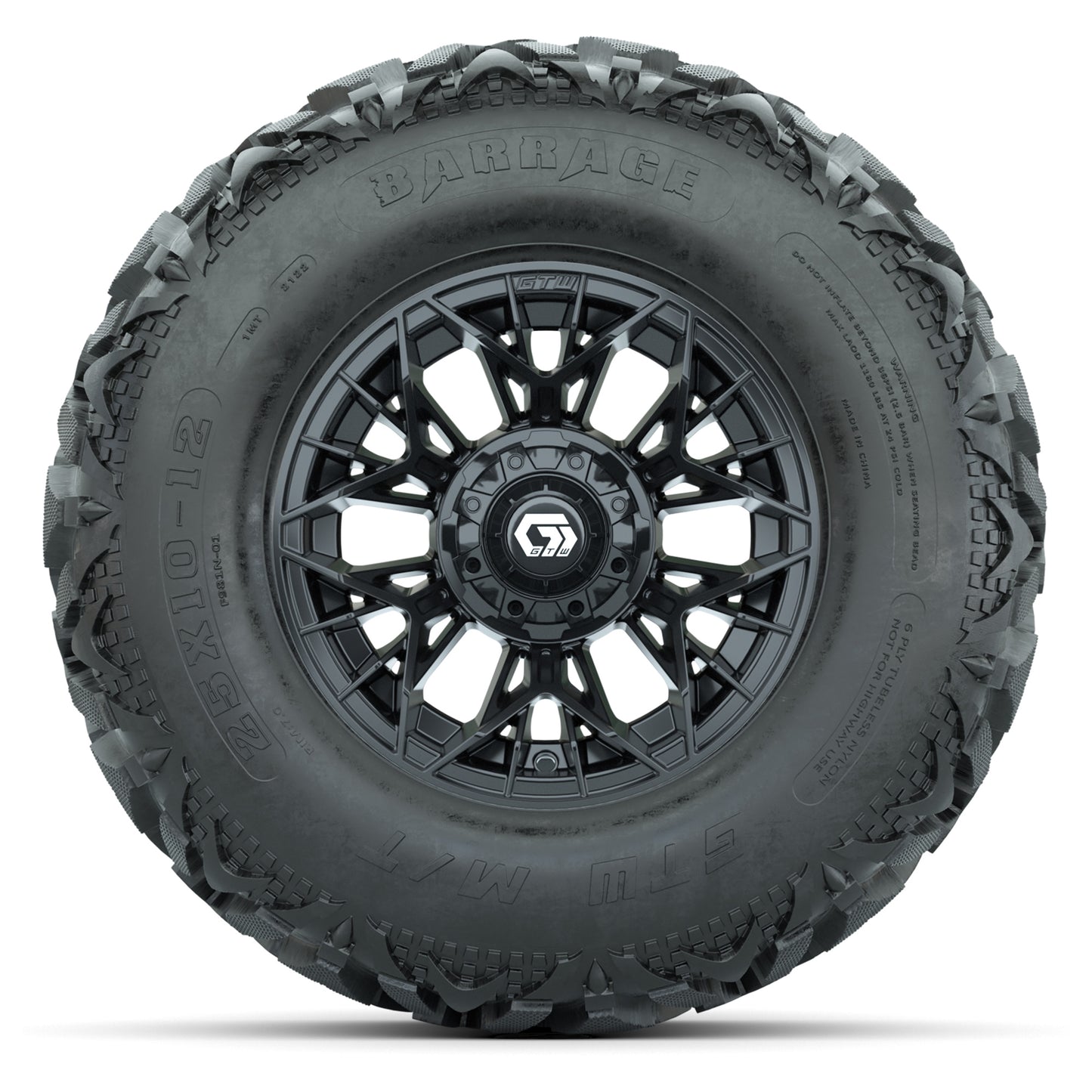 GTW® Stellar Black 12 in Wheels with 25X10-12 Barrage Mud Tires – Full Set