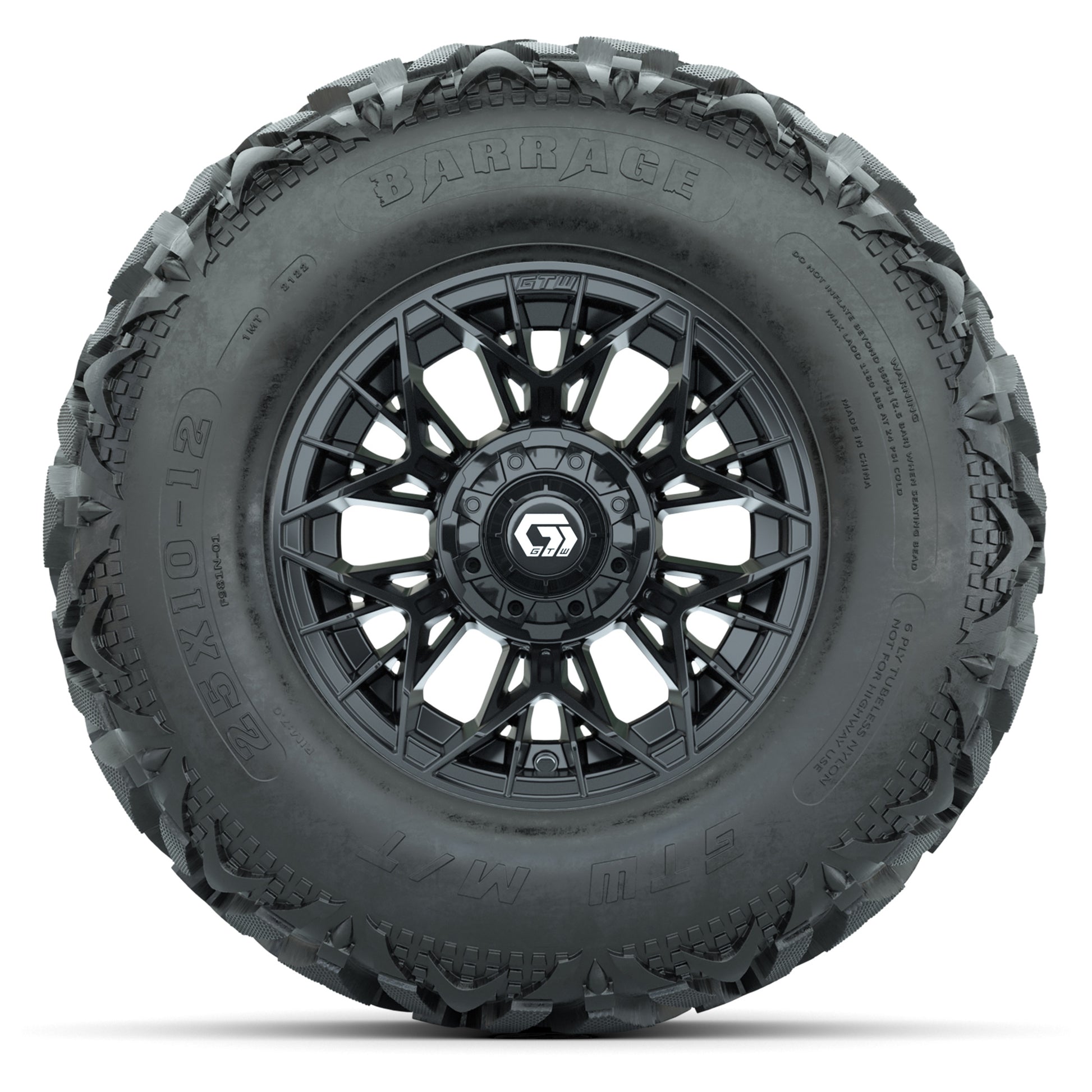 GTW® Stellar Black 12 in Wheels with 25X10-12 Barrage Mud Tires – Full Set
