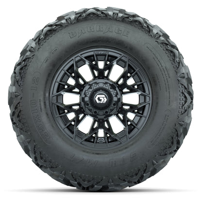 GTW® Stellar Black 12 in Wheels with 25X10-12 Barrage Mud Tires – Full Set