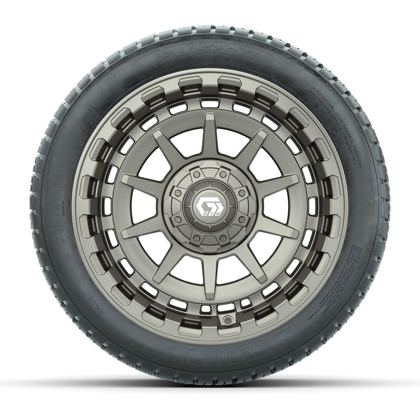 GTW® Barricade Satin Bronze 14 in Wheels with 205/30-14 Fusion Street Tires – Full Set