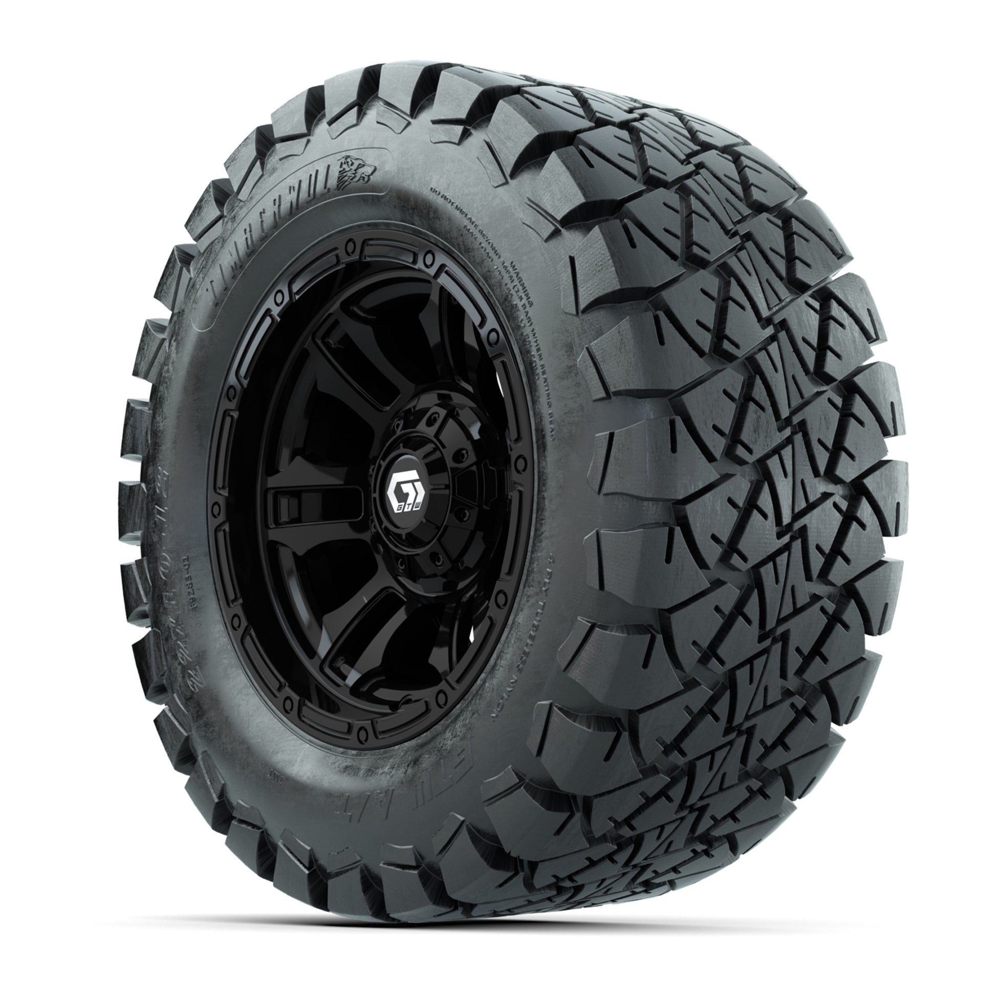 GTW® Shogun Gloss Black 12 in Wheels with 22x10-12 Timberwolf All-Terrain Tires – Full Set