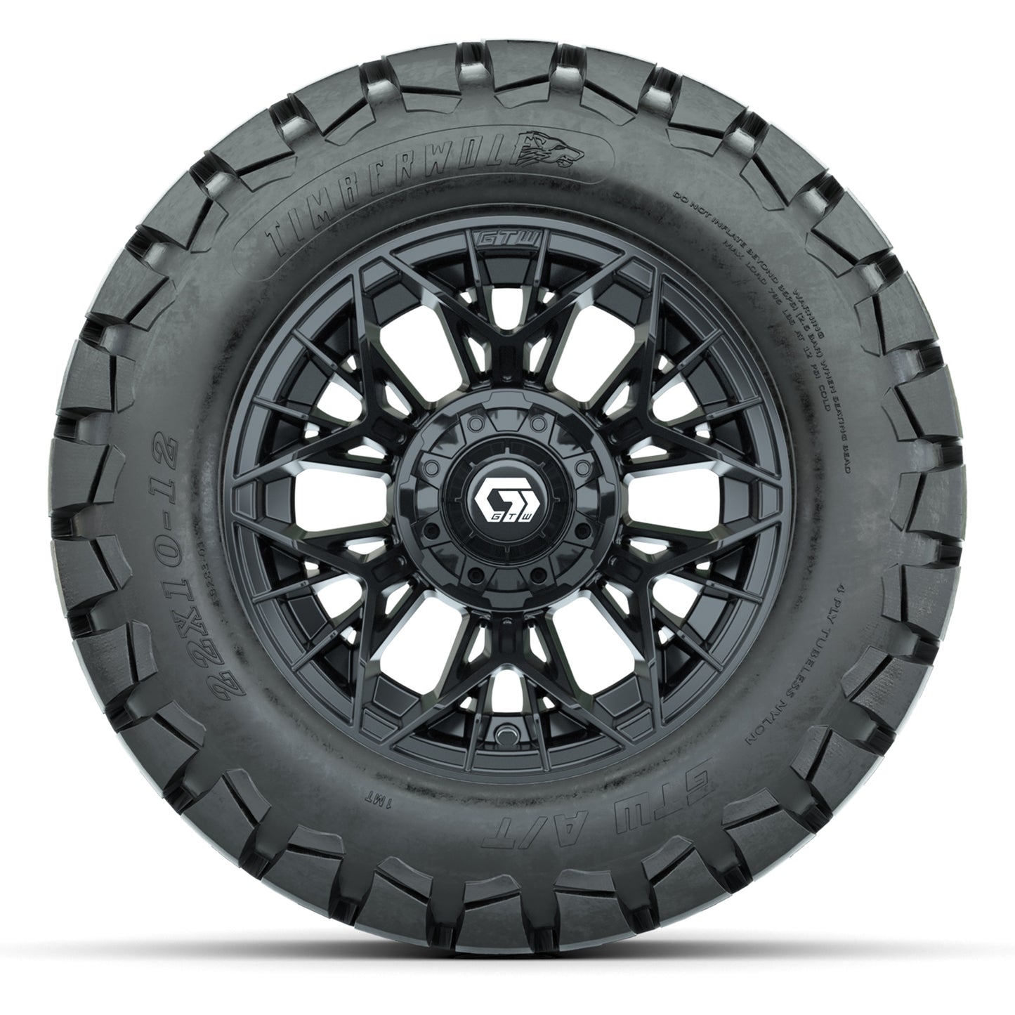 GTW® Stellar Black 12 in Wheels with 22X10-12 Timberwolf All-Terrain Tires – Full Set