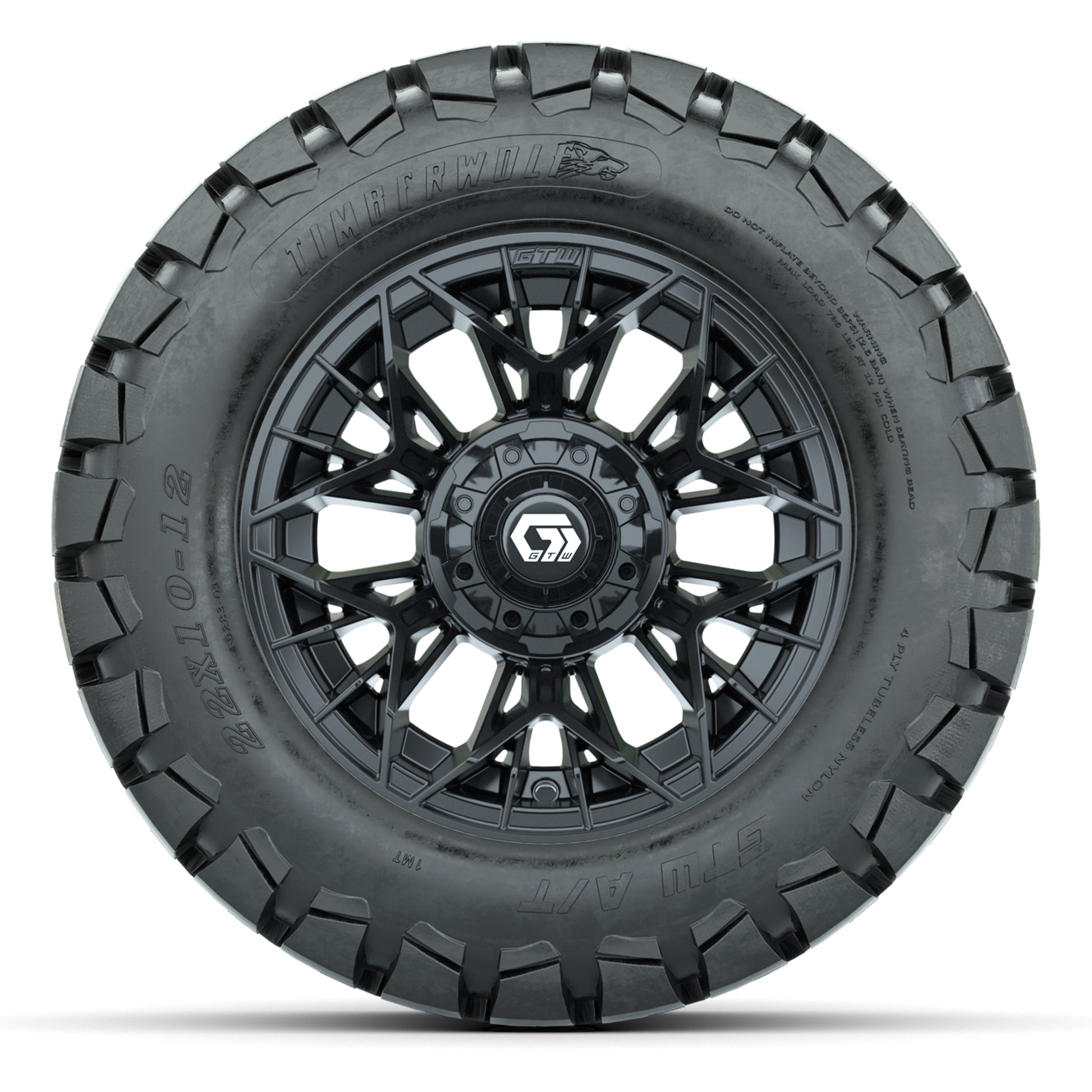 GTW® Stellar Black 12 in Wheels with 22X10-12 Timberwolf All-Terrain Tires – Full Set