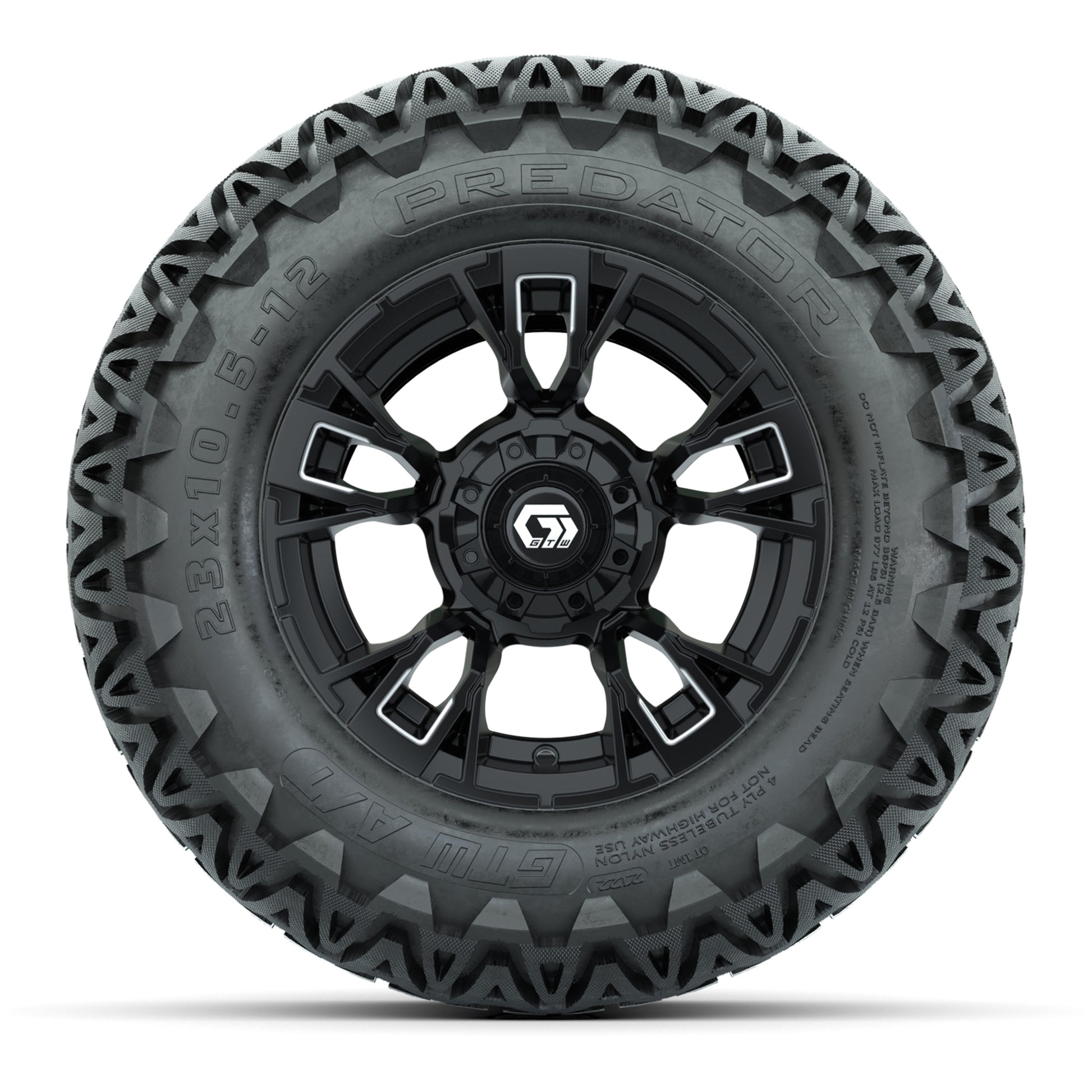 GTW® Vandal Matte Black/Machined 12 in Wheels with 23X10.5-12 Predator All-Terrain Tires – Full Set
