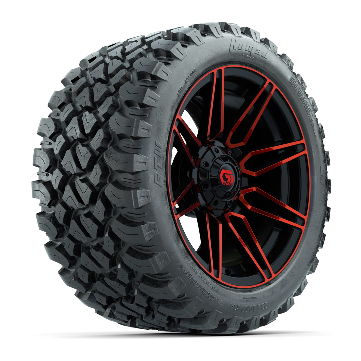 GTW® Stealth Red/Machined 14 in Wheels with 23X10-R14 Nomad Steel Belt Radial All-Terrain Tires – Full Set