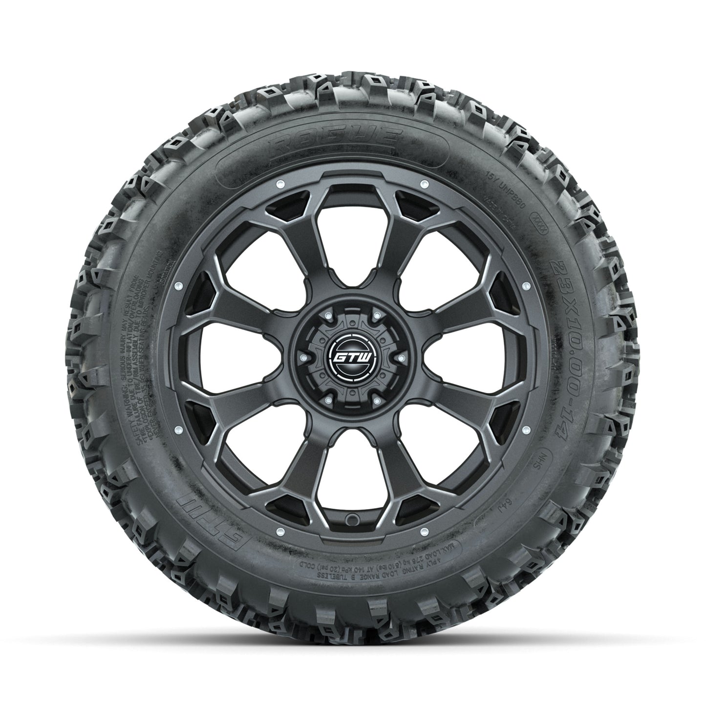 GTW Raven Ball Milled/Matte Grey 14 in Wheels with 23x10.00-14 Rogue All Terrain Tires - Full Set
