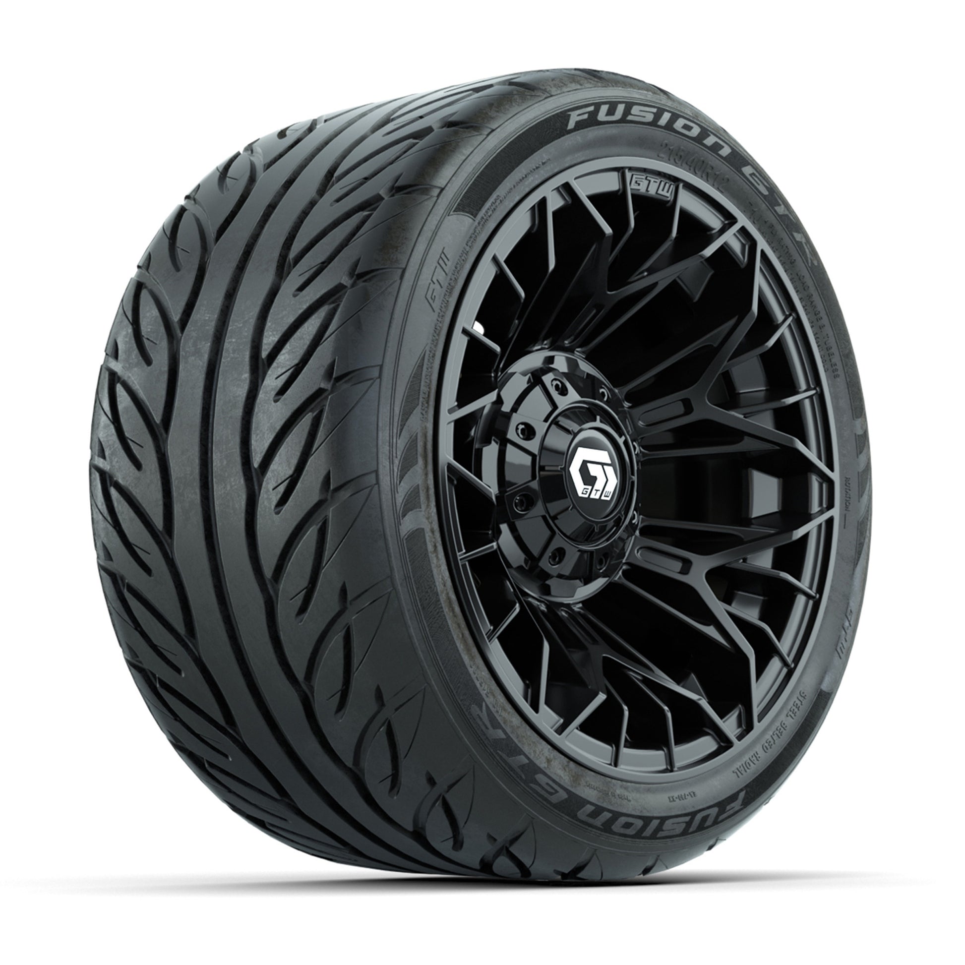 GTW® Stellar Black 12 in Wheels with 215/40-R12 Fusion GTR Steel Belt Radial Street Tires – Full Set