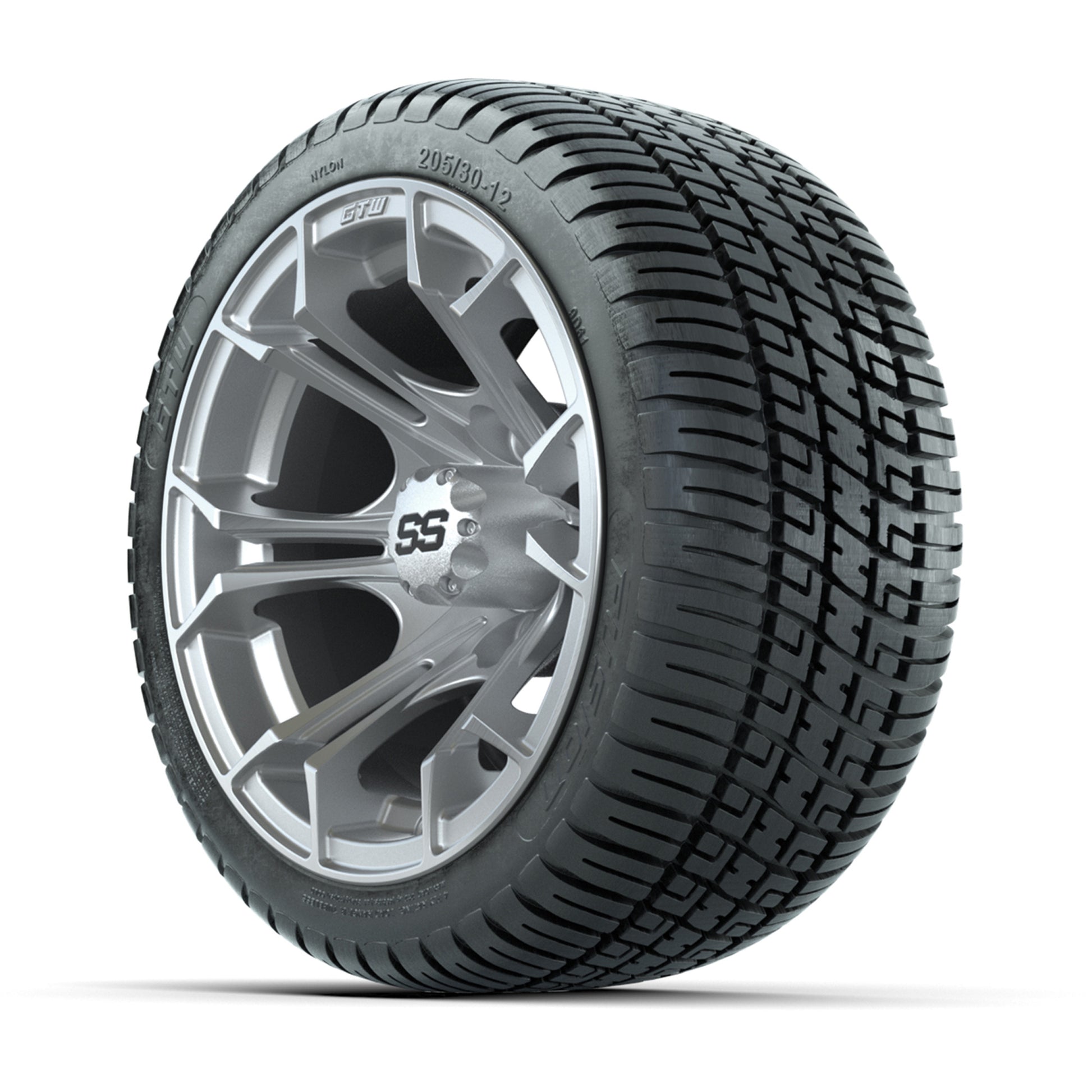 GTW® Spyder Silver Brush 12 in Wheels with 205/30-12 Fusion Street Tires – Full Set