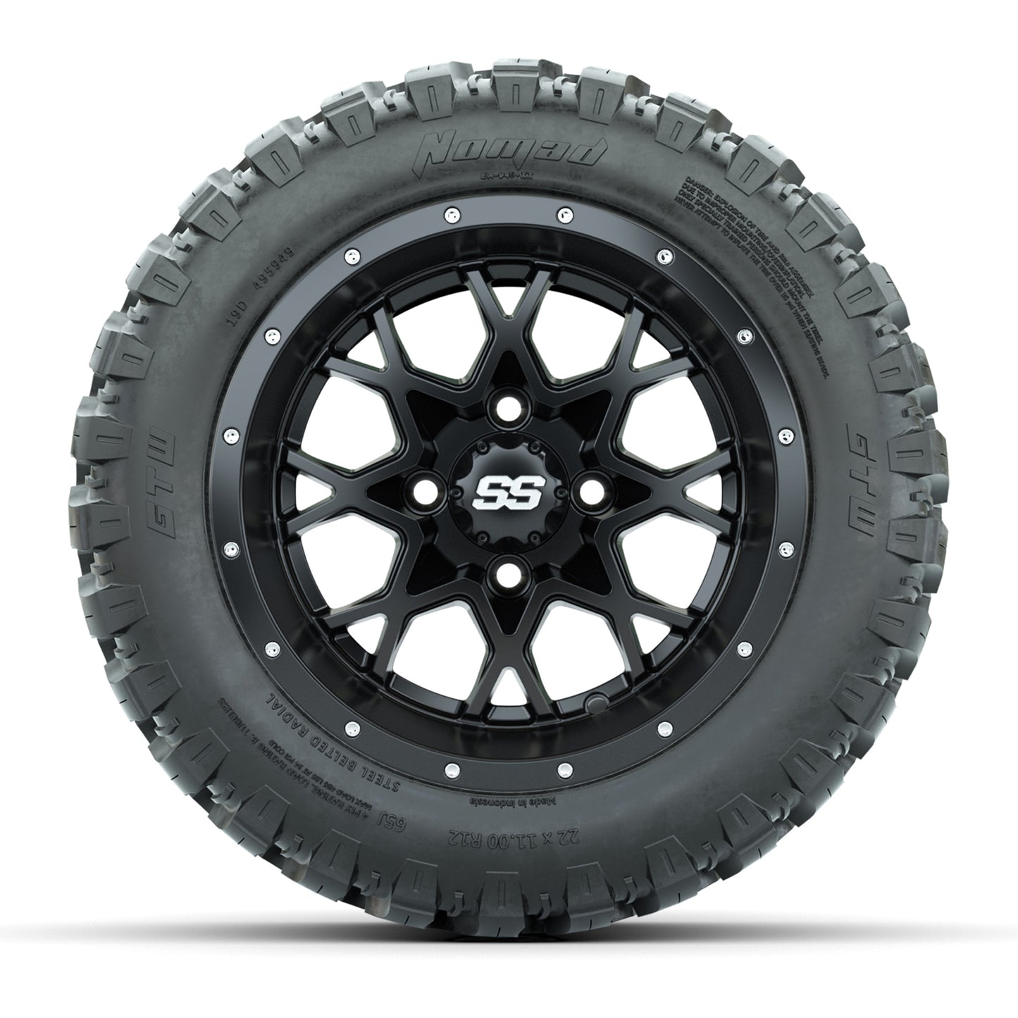 GTW® Vortex 2 Matte Black 12 in Wheels with 22X11-R12 Nomad Steel Belt Radial All-Terrain Tires – Full Set