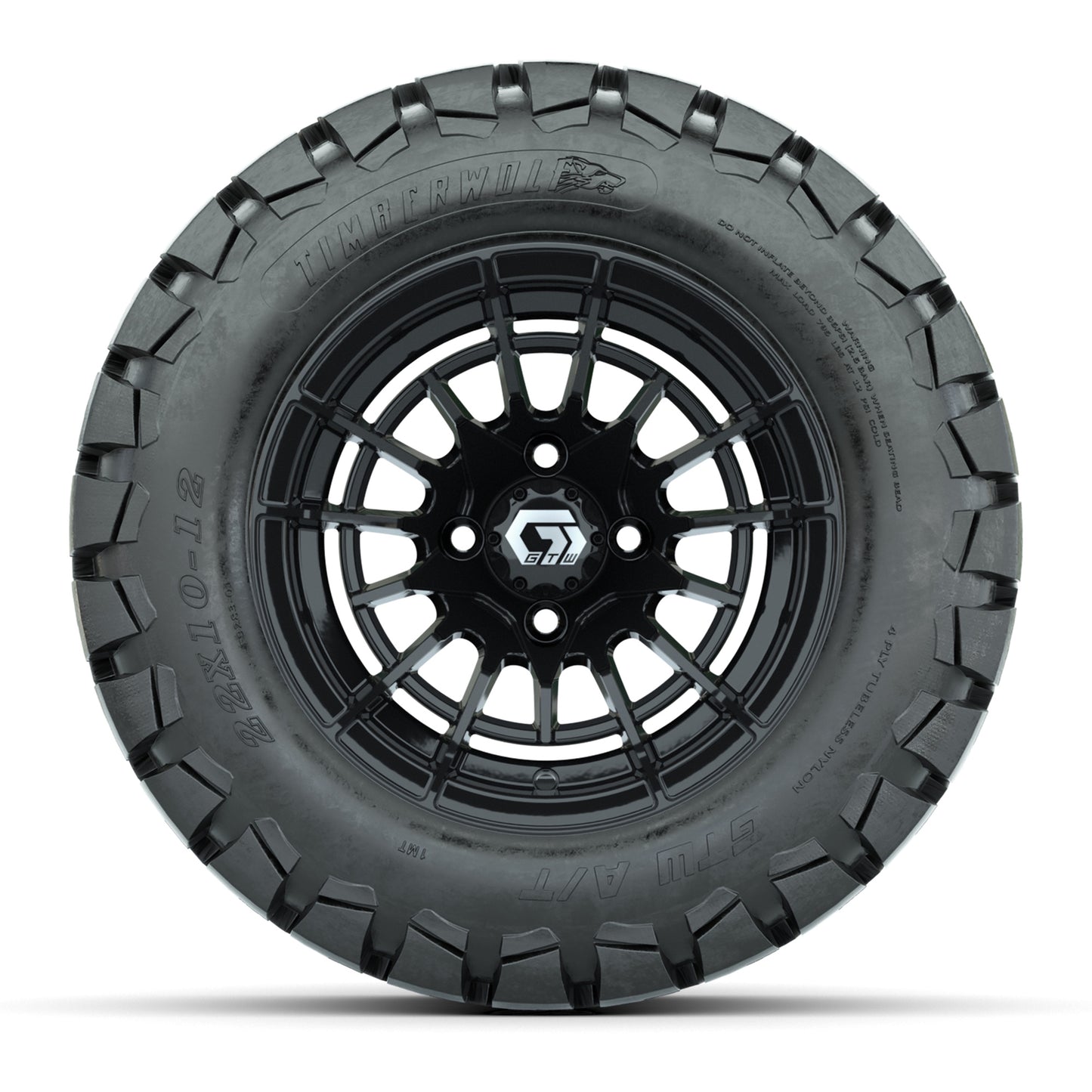 GTW® Boost Gloss Black 12 in Wheels with 22x10-12 Timberwolf All-Terrain Tires – Full Set