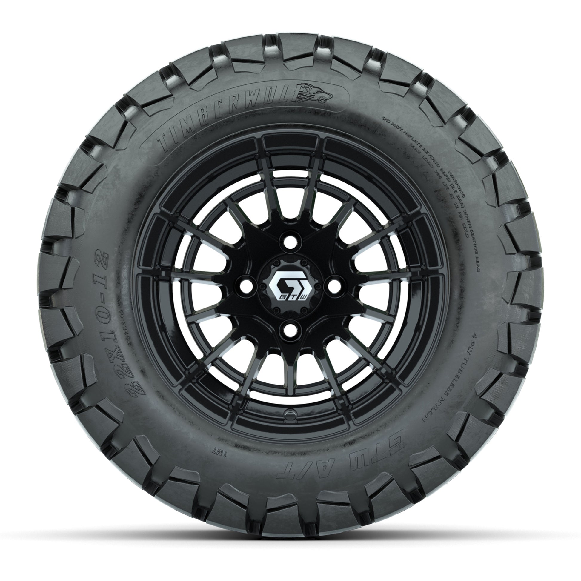 GTW® Boost Gloss Black 12 in Wheels with 22x10-12 Timberwolf All-Terrain Tires – Full Set