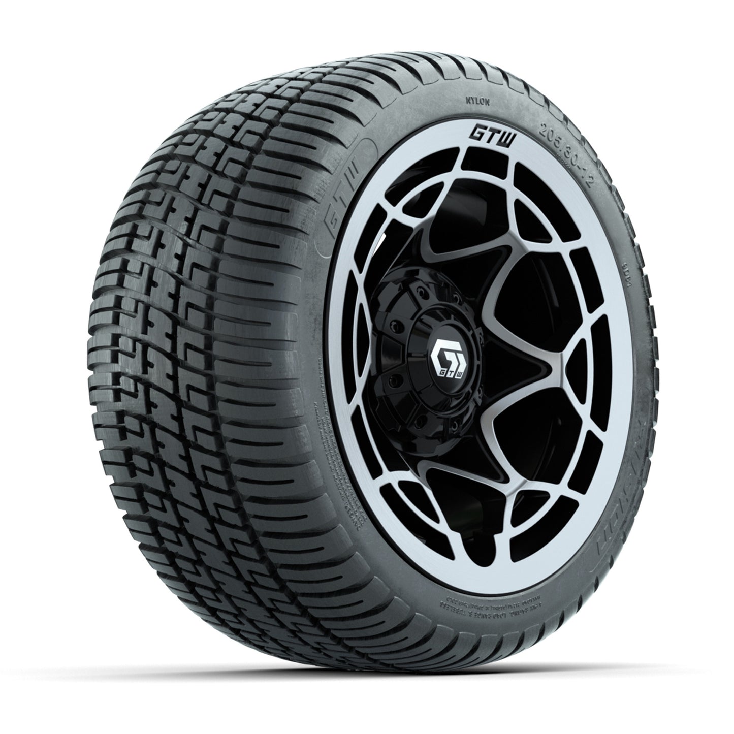 GTW® Nexus Black with Silver Face 12 in Wheels with 205/30-12 Fusion Street Tires - Full Set