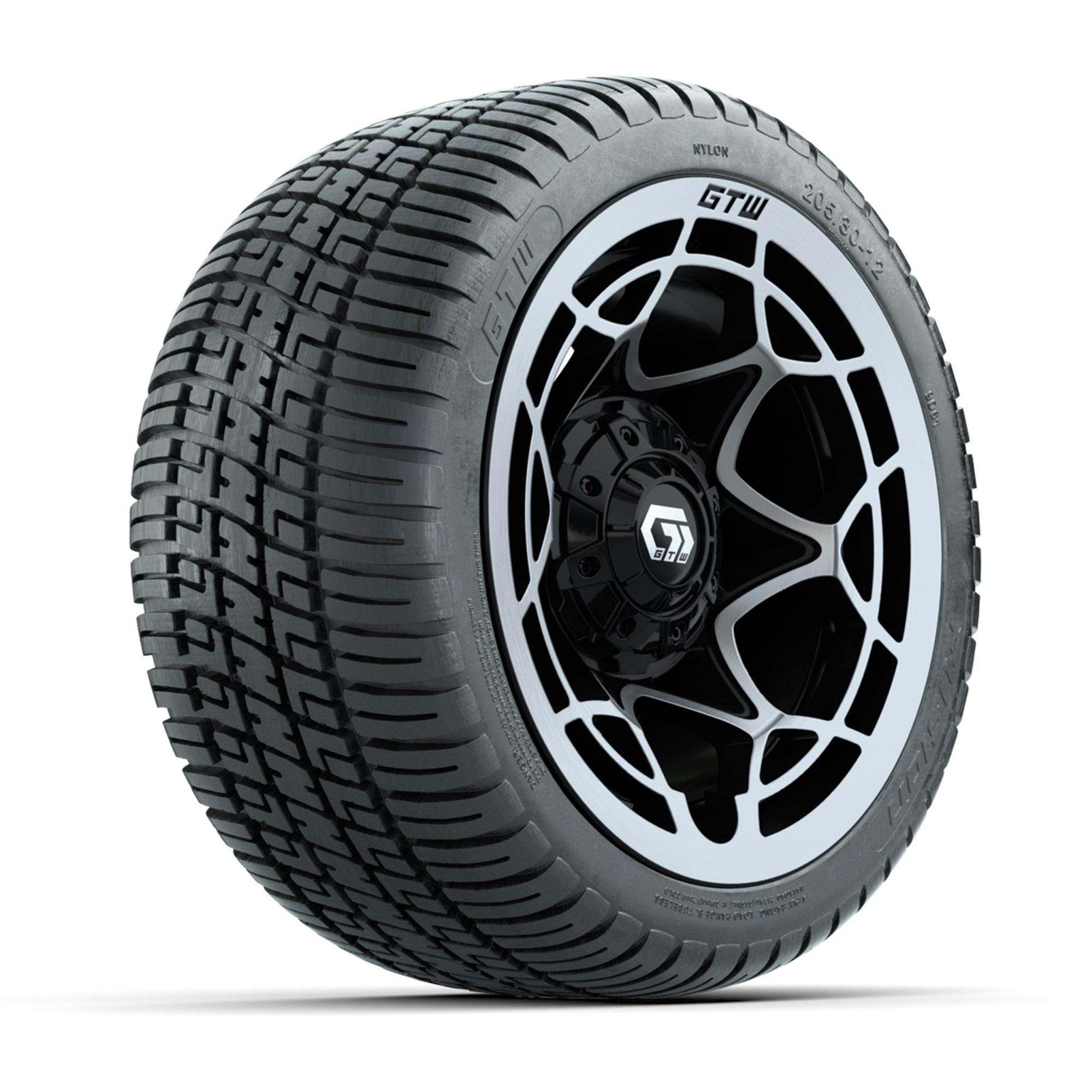 GTW® Nexus Black with Silver Face 12 in Wheels with 205/30-12 Fusion Street Tires - Full Set
