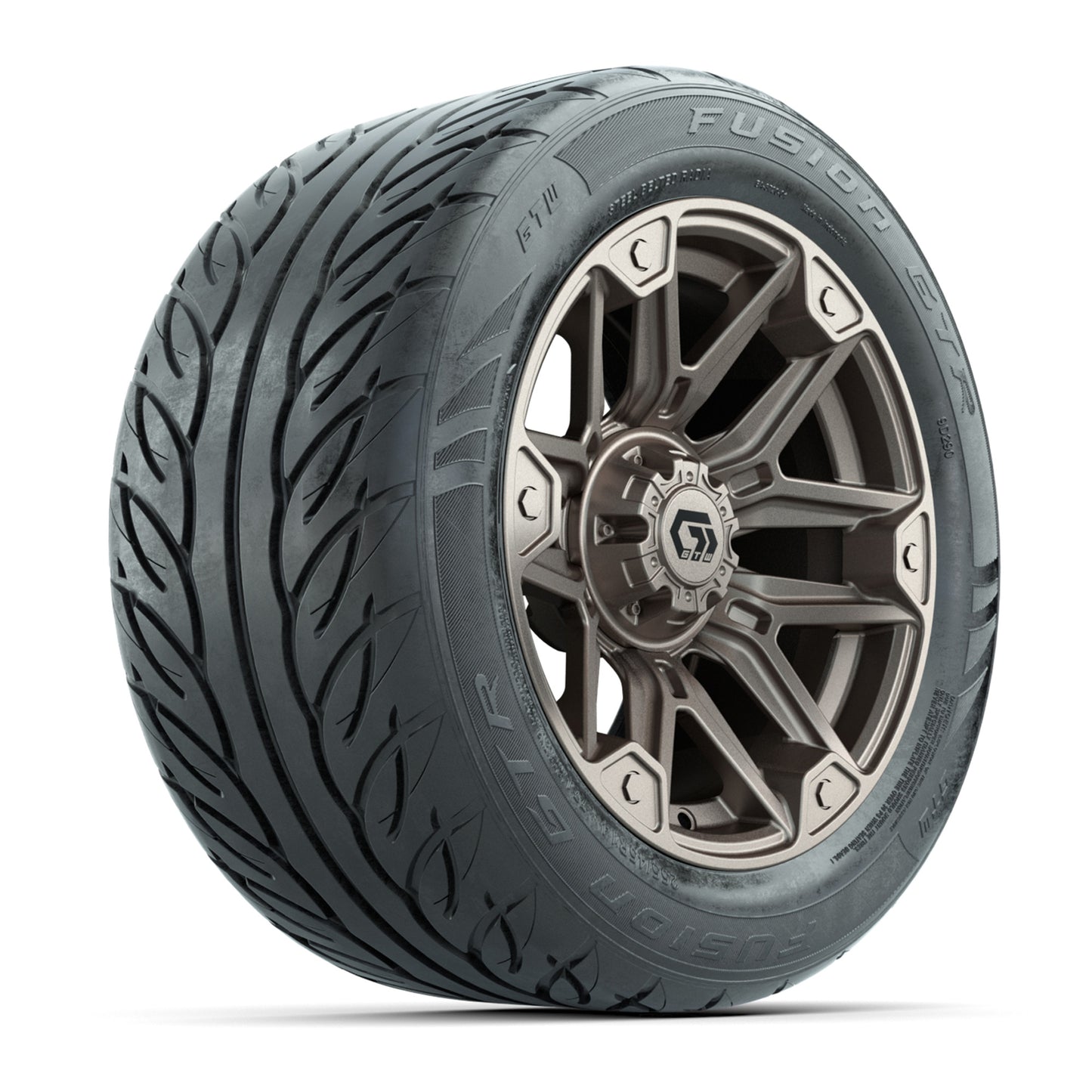 GTW® Graffiti Bronze/Black 14 in Wheels with 255/45-R14 Fusion GTR Steel Belt Radial Street Tires – Full Set