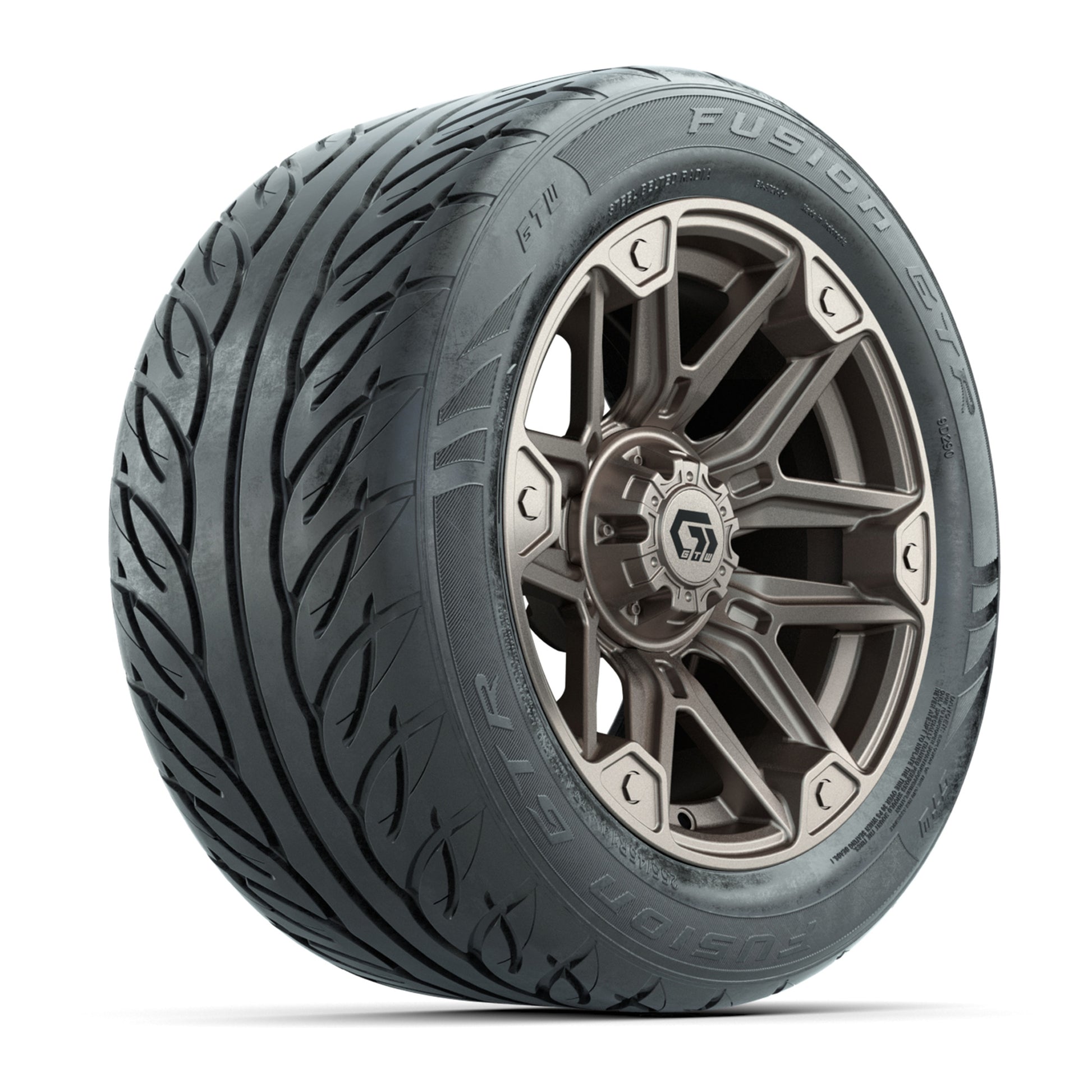 GTW® Graffiti Bronze/Black 14 in Wheels with 255/45-R14 Fusion GTR Steel Belt Radial Street Tires – Full Set