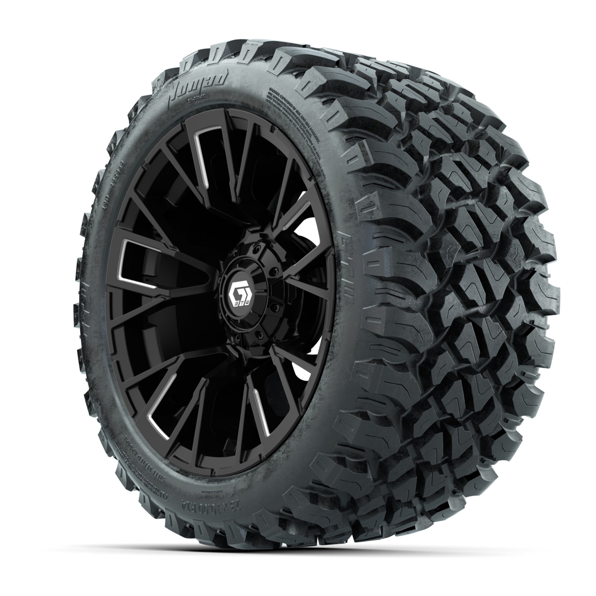 GTW® Vandal Matte Black/Machined 14 in Wheels with 23X10-R14 Nomad Steel Belt Radial All-Terrain Tires – Full Set