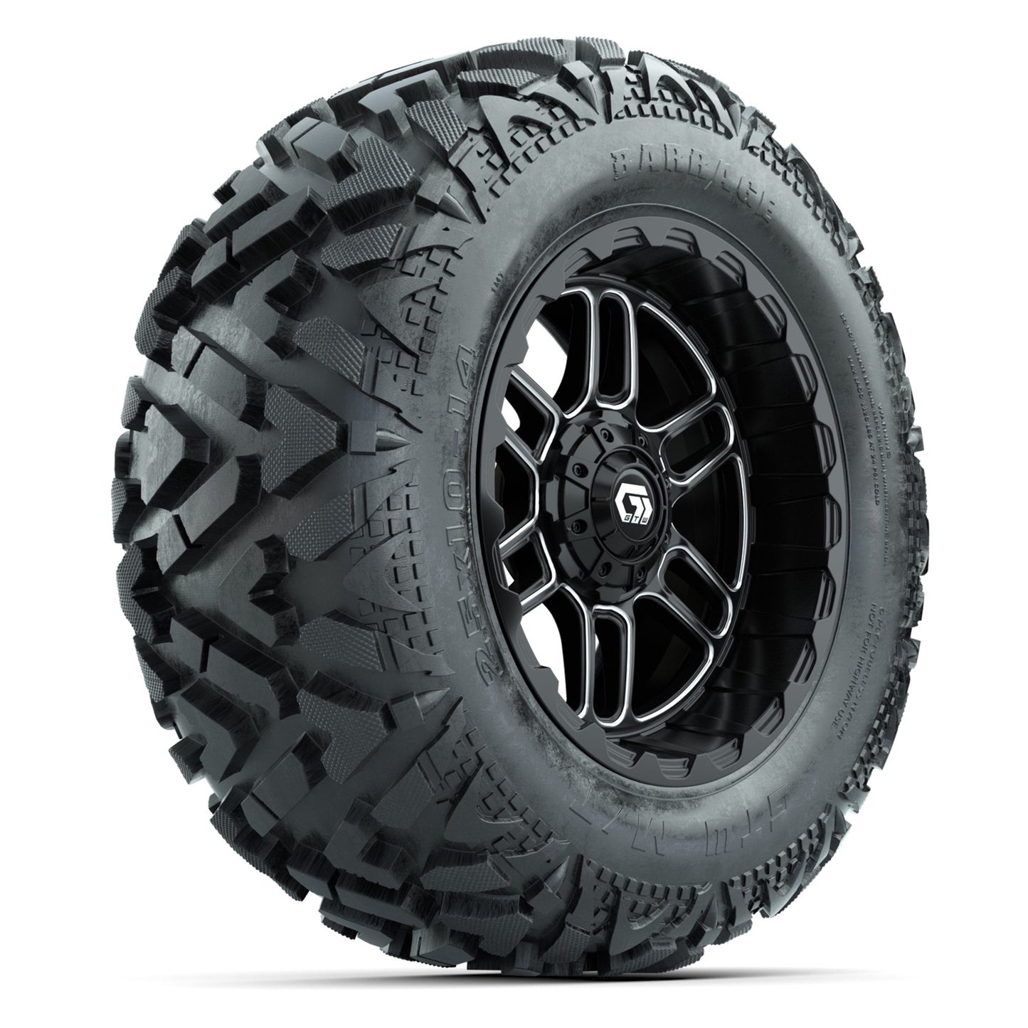 GTW Titan Black/Machined 14 in Wheels with 25x10-14 Barrage Mud Tires – Full Set