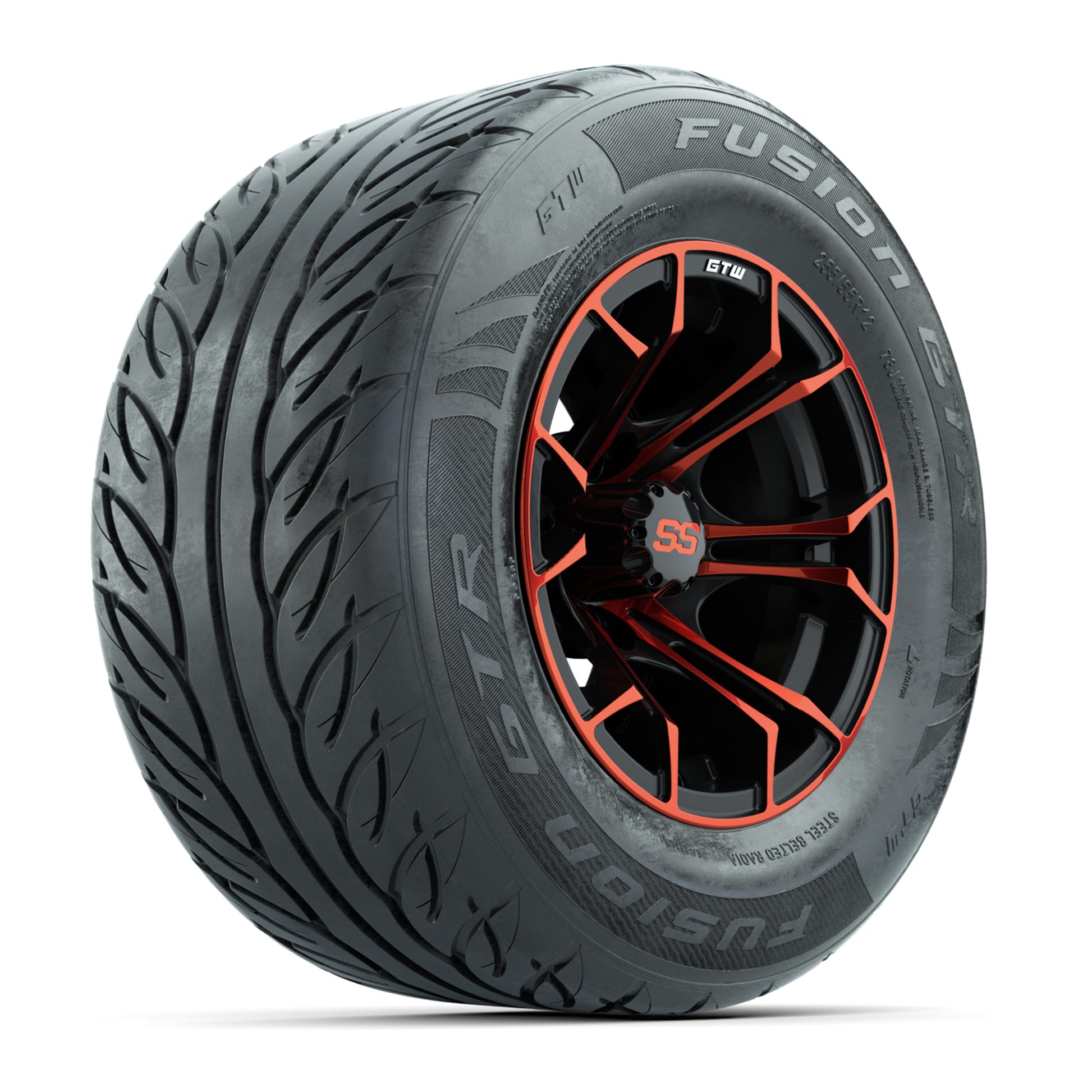 GTW® Spyder Black/Red 12 in Wheels with 255/55-R12 Fusion GTR Steel Belt Radial Street Tires – Full Set