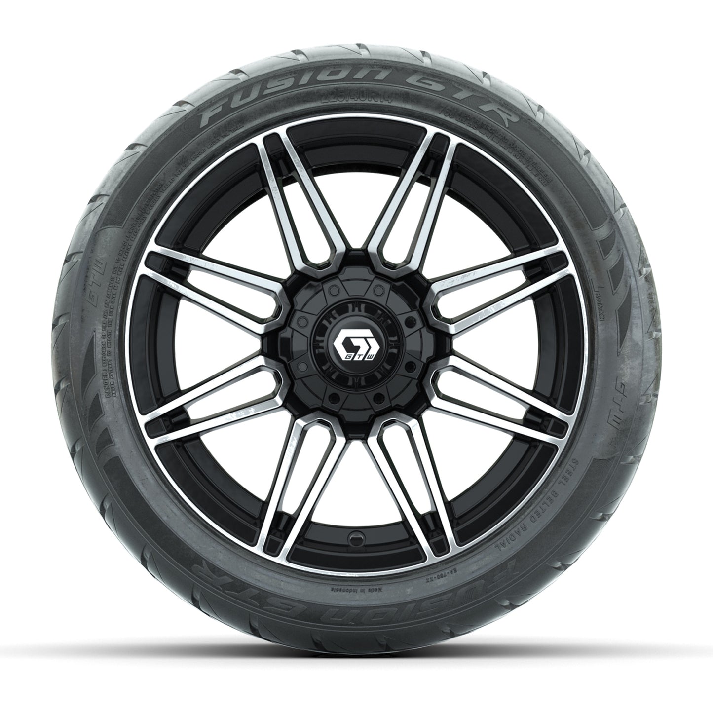 GTW® Stealth Black/Machined 14 in Wheels with 225/40-R14 Fusion GTR Steel Belt Radial Street Tires – Full Set