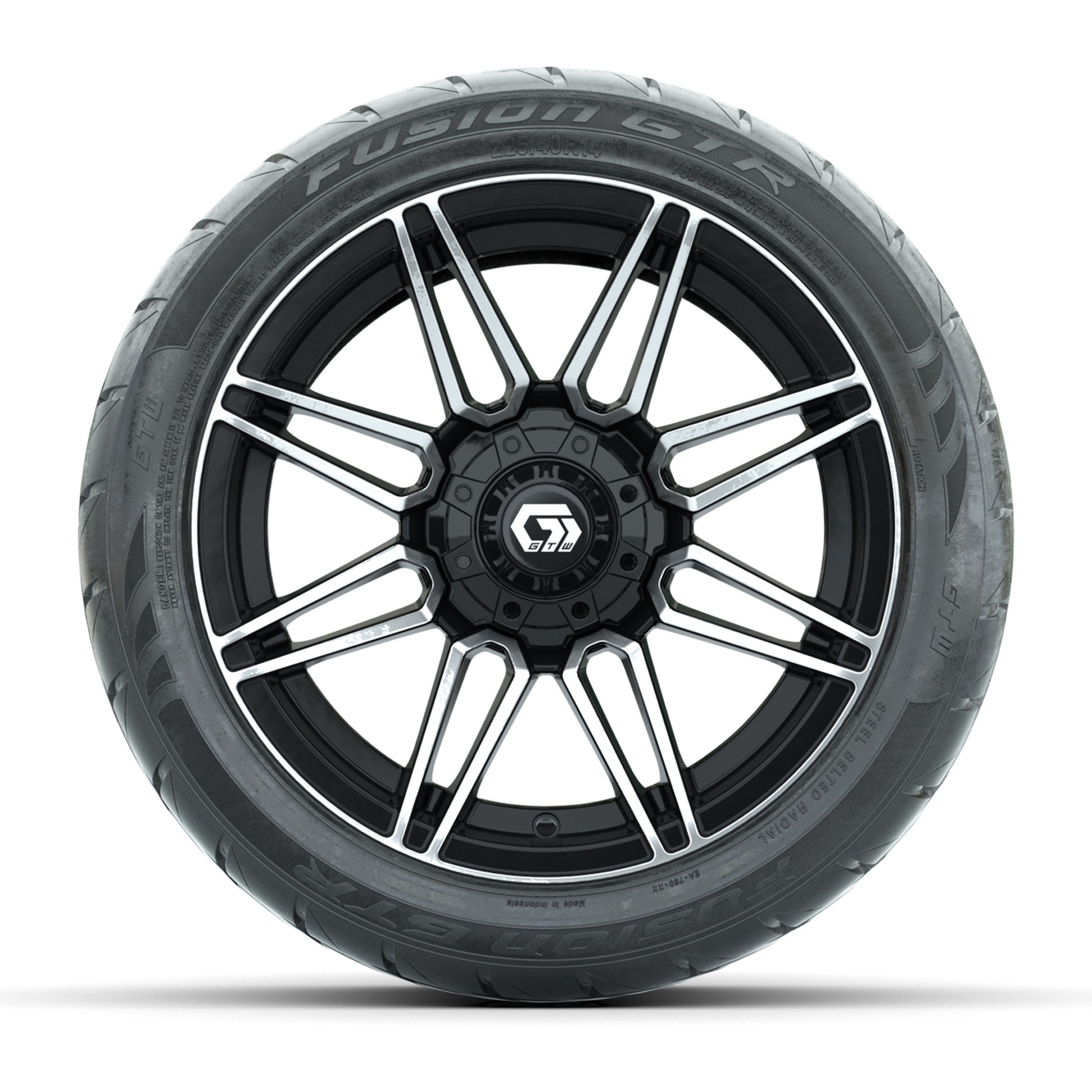 GTW® Stealth Black/Machined 14 in Wheels with 225/40-R14 Fusion GTR Steel Belt Radial Street Tires – Full Set