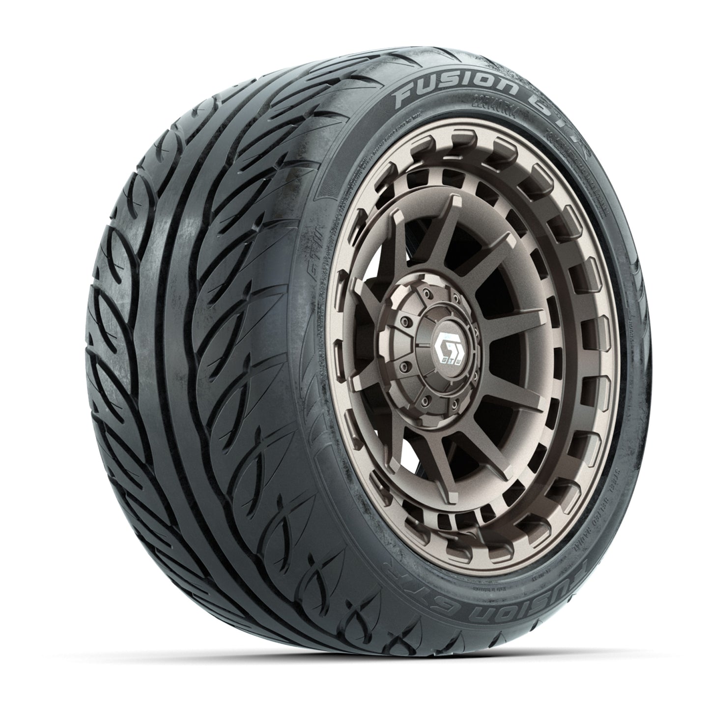 GTW® Barricade Bronze 14 in Wheels with 225/40-R14 Fusion GTR Steel Belt Radial Street Tires – Full Set