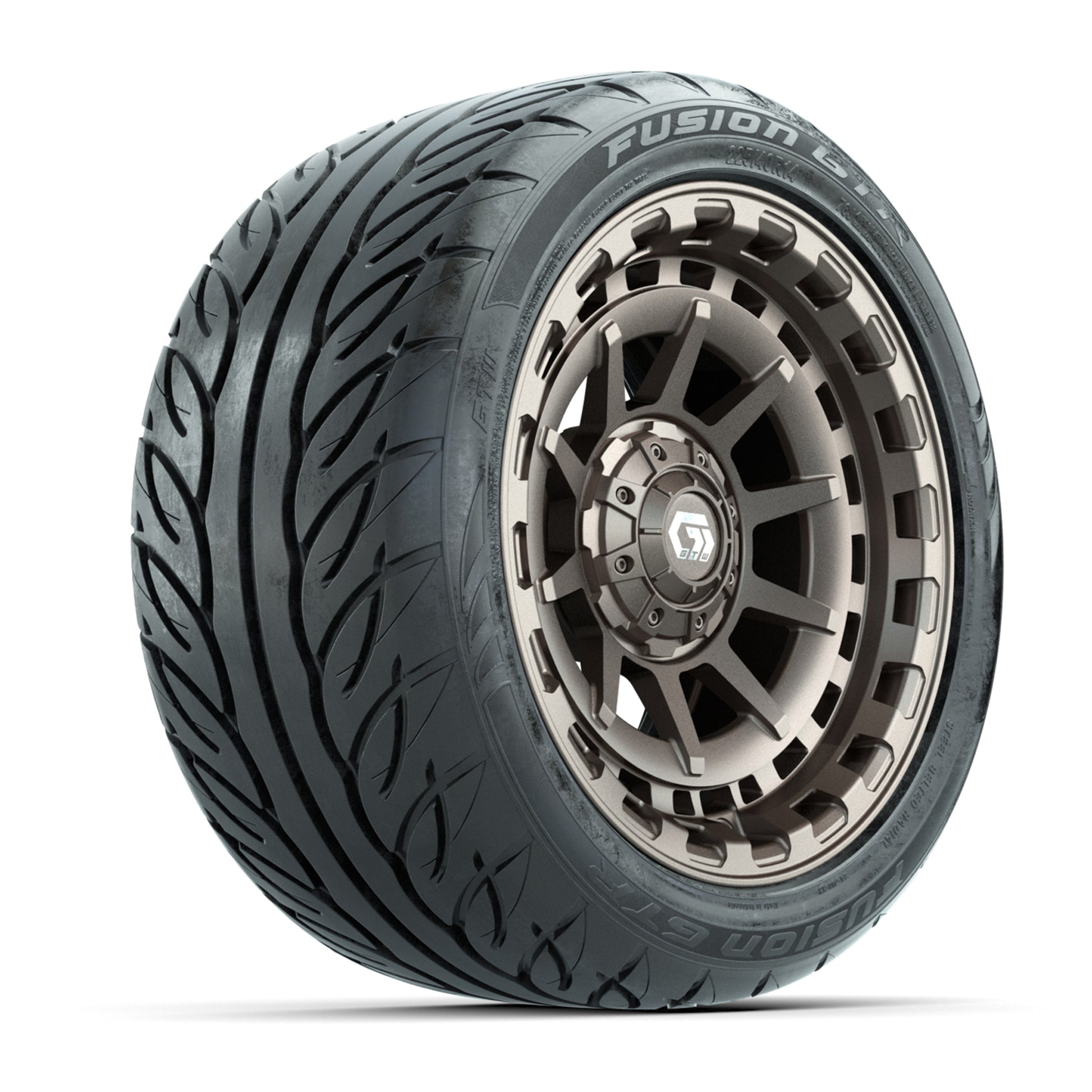 GTW® Barricade Bronze 14 in Wheels with 225/40-R14 Fusion GTR Steel Belt Radial Street Tires – Full Set