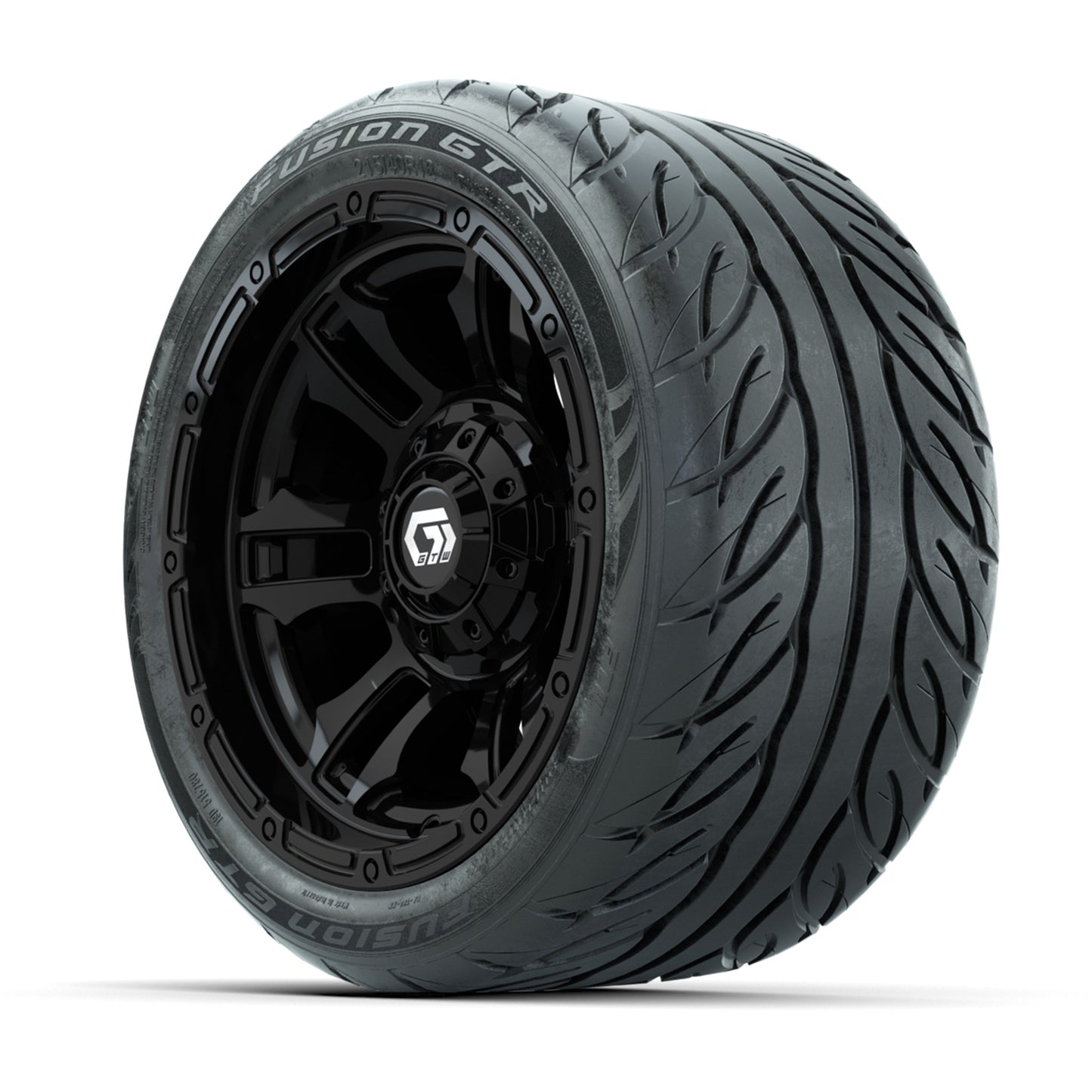 GTW® Shogun Gloss Black 12 in Wheels with 215/40-R12 Fusion GTR Steel Belt Radial Street Tires – Full Set