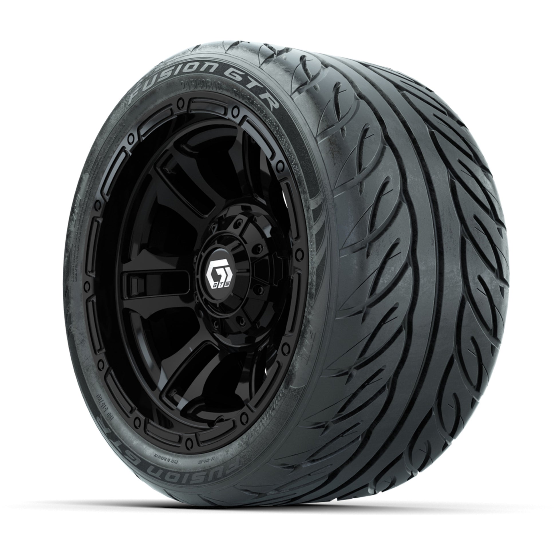 GTW® Shogun Gloss Black 12 in Wheels with 215/40-R12 Fusion GTR Steel Belt Radial Street Tires – Full Set