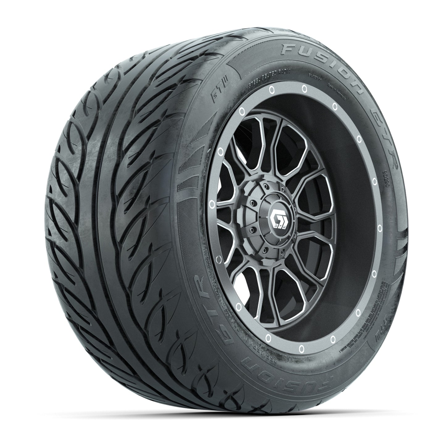 GTW® Volt Gunmetal 14 in Wheels with 255/45-R14 Fusion GTR Steel Belt Radial Street Tires – Full Set