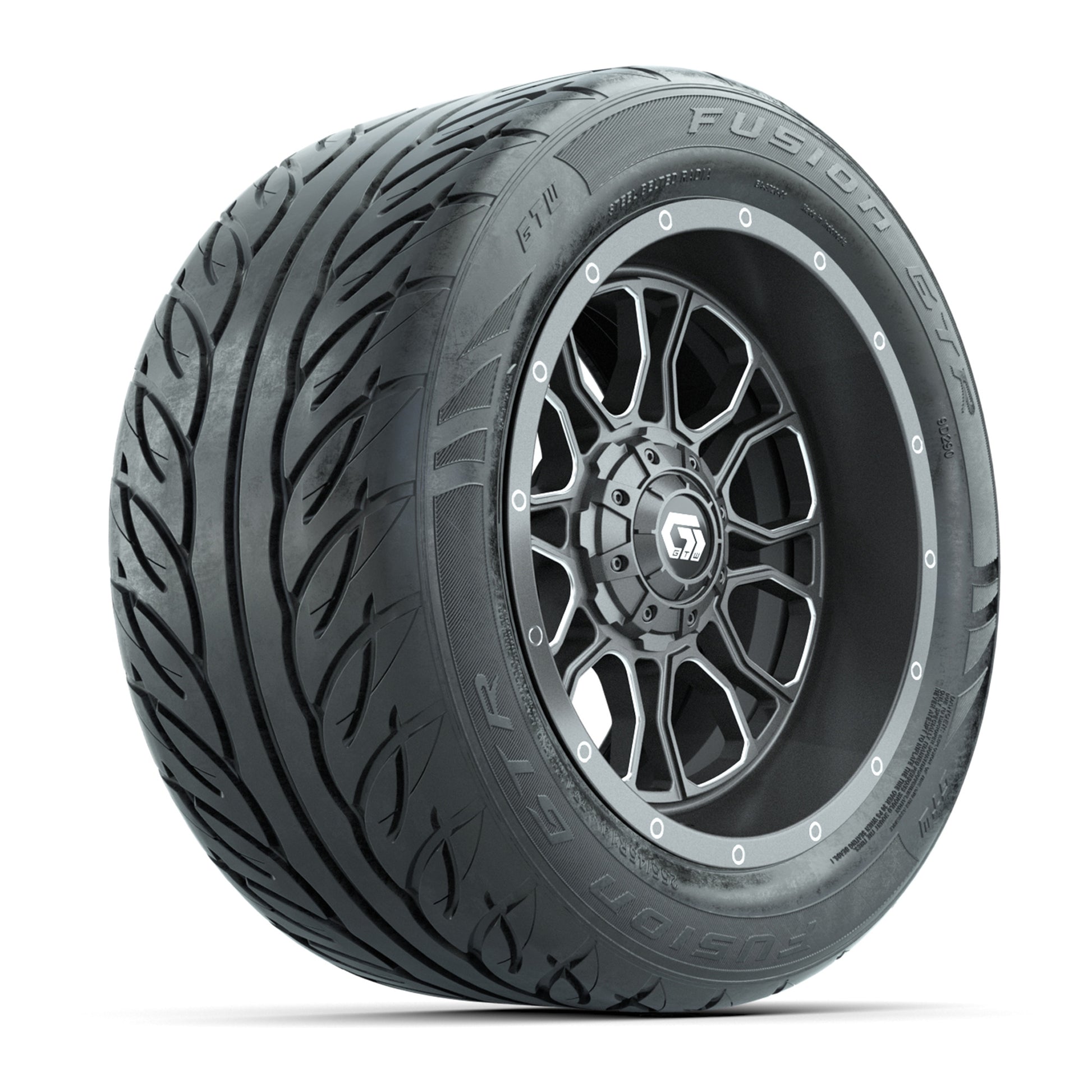 GTW® Volt Gunmetal 14 in Wheels with 255/45-R14 Fusion GTR Steel Belt Radial Street Tires – Full Set