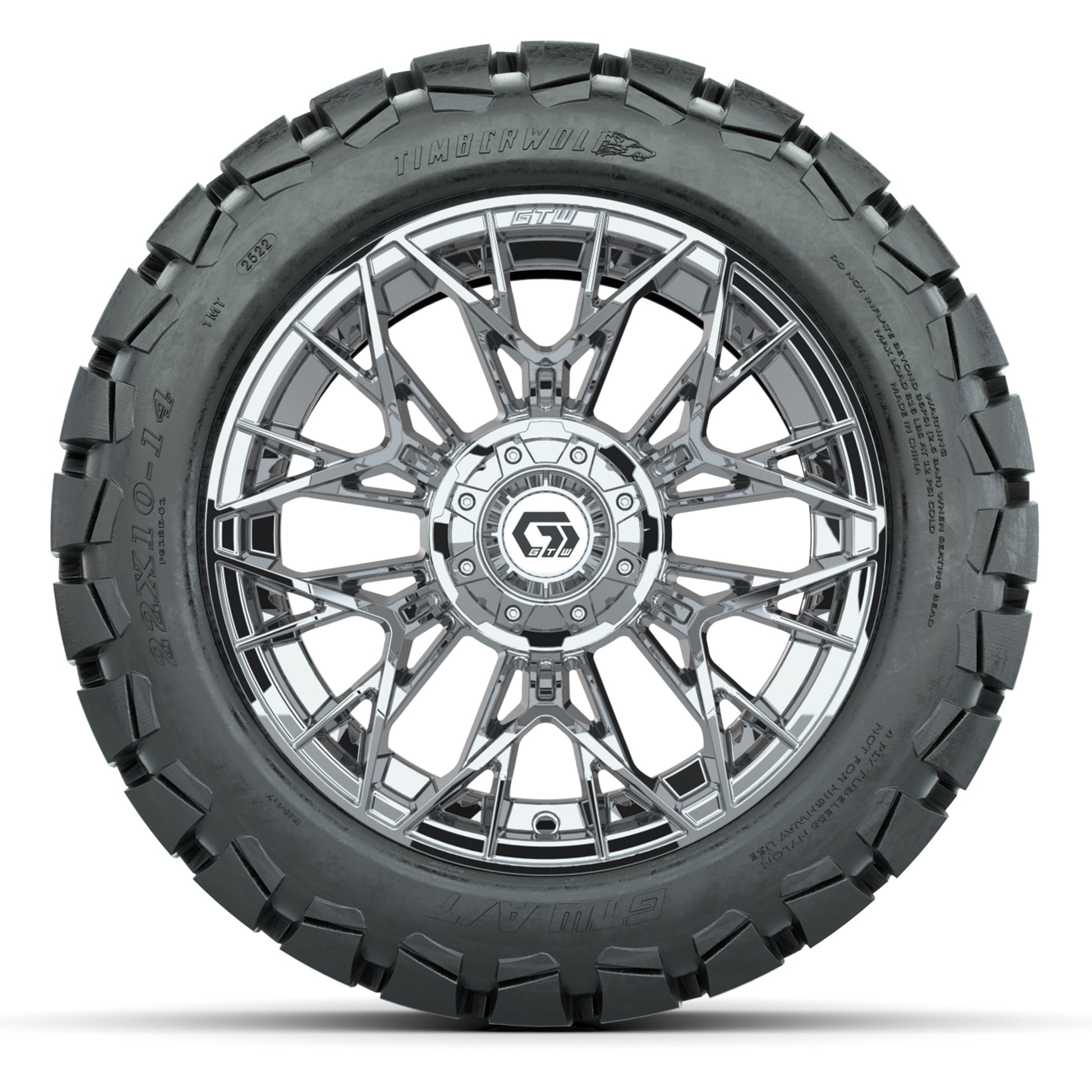 GTW Stellar Chrome 14 in Wheels with 22X10-14 Timberwolf All-Terrain Tires – Full Set