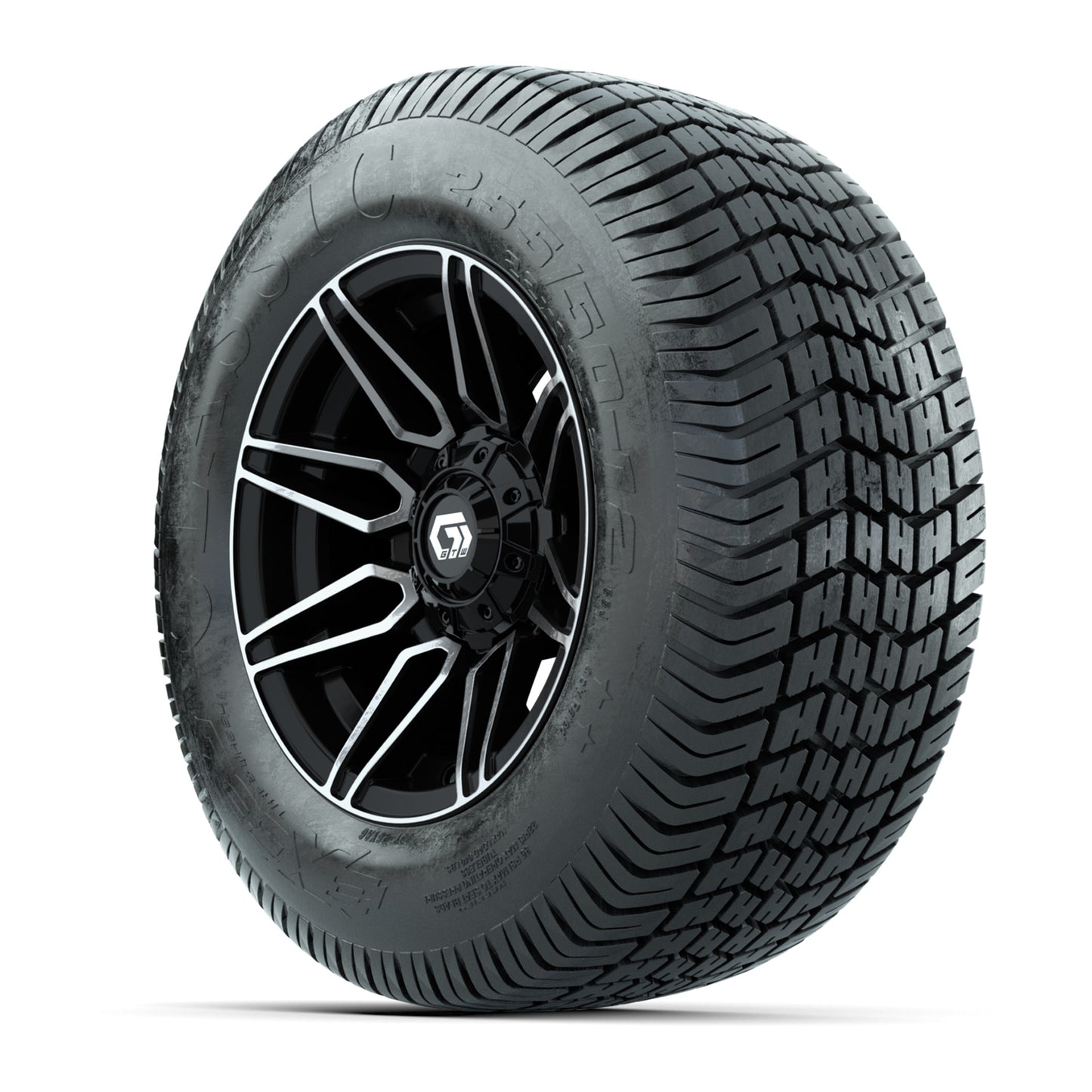 GTW® Stealth Black/Machined 12 in Wheels with 255/50-12 Excel Classic Street Tires – Full Set