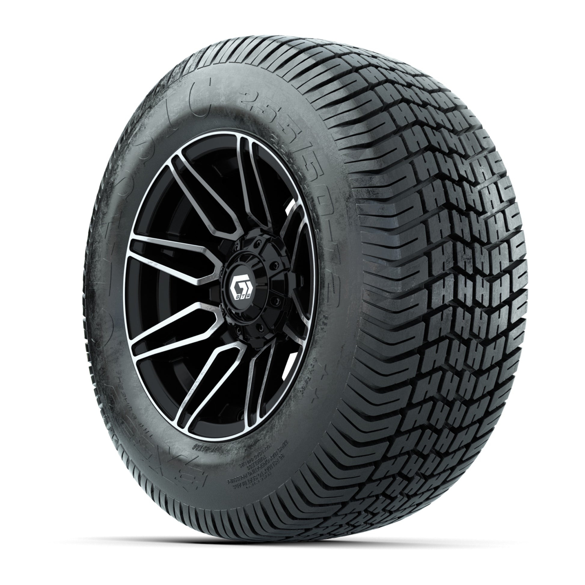 GTW® Stealth Black/Machined 12 in Wheels with 255/50-12 Excel Classic Street Tires – Full Set