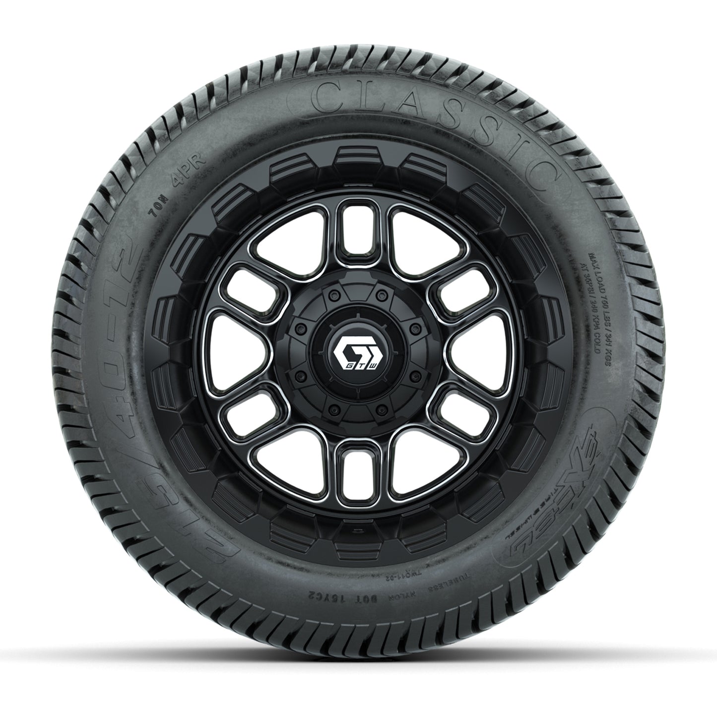 GTW® Titan Black/Machined 12 in Wheels with 215/40-12 Excel Classic Street Tires – Full Set