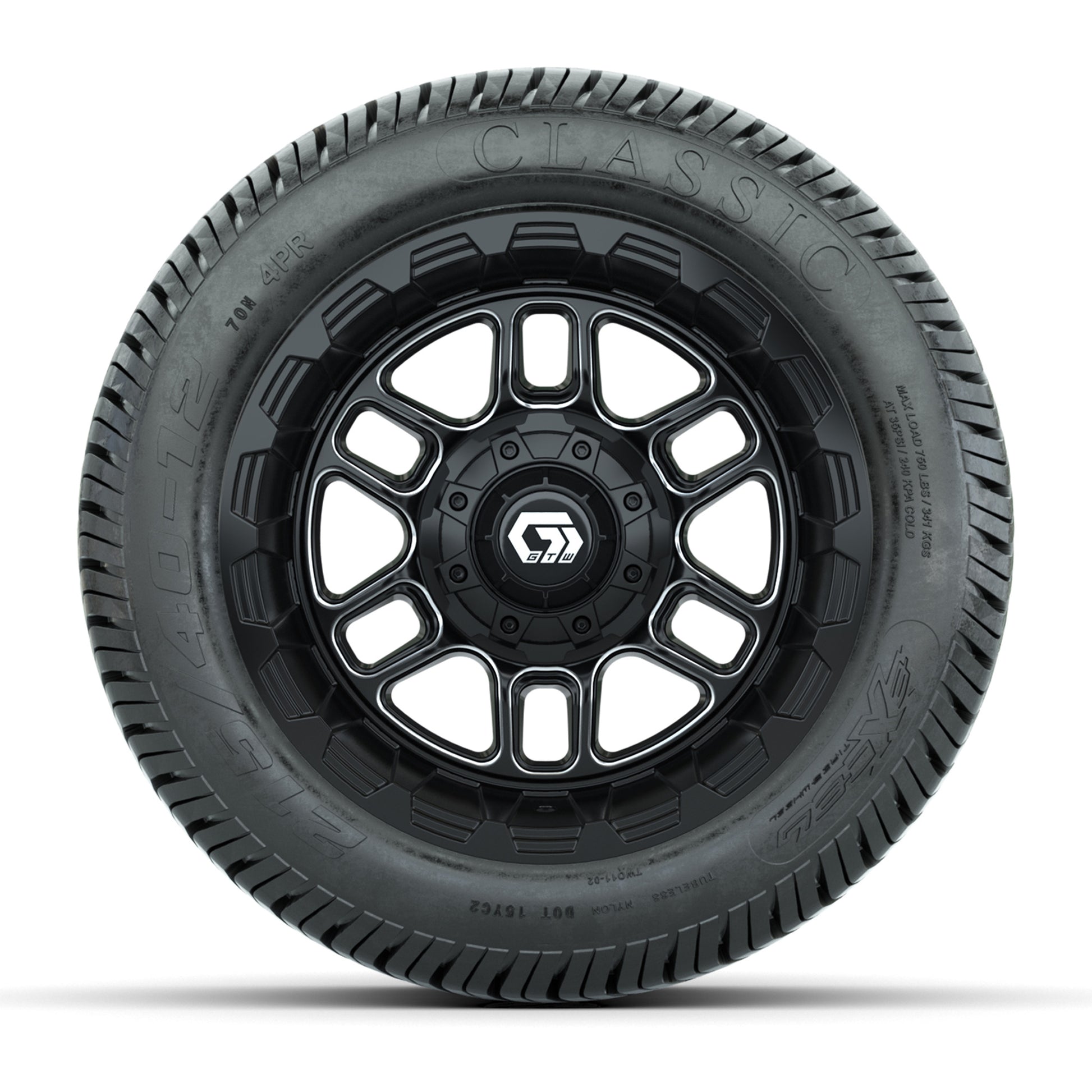 GTW® Titan Black/Machined 12 in Wheels with 215/40-12 Excel Classic Street Tires – Full Set